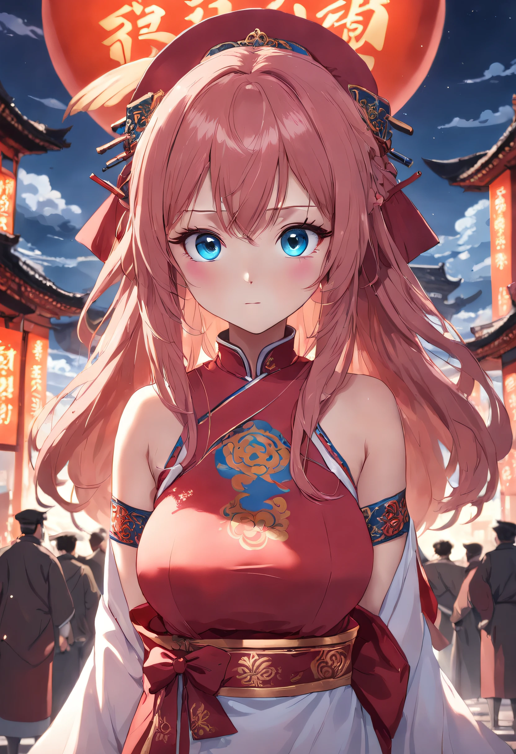 tmasterpiece,best qualtiy,anime big breast,redheadwear,Young girls,Positively,full bodyesbian,Big eyes,blue color eyes,Cross your hands at the waist,Chest protrusion,Chinese style cheongsam,The mouth smiles