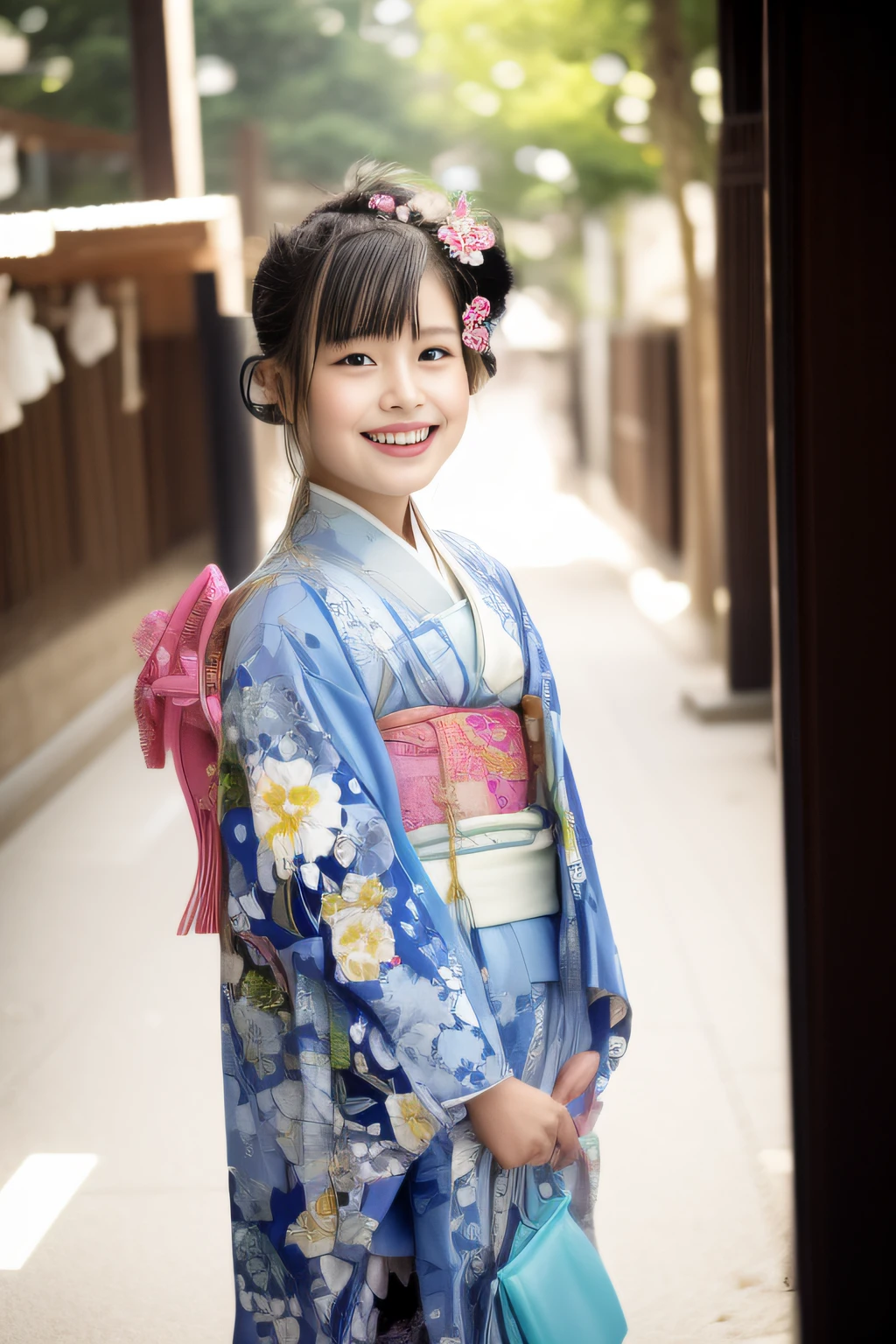 mini yukata、Pose with sitting、Looking at the camera、infp young woman、Bright smile、夏天、outside of house、alleyway、Tying hair、japanes、One lady
