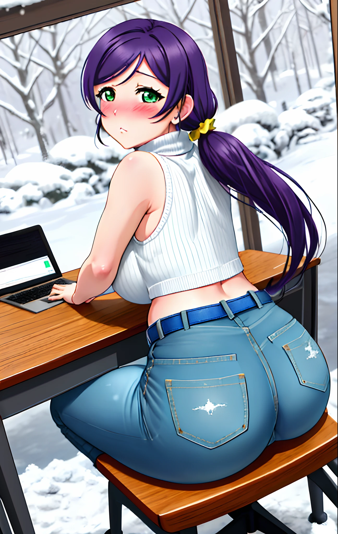 Toujo nozomi, green eyes, low twintails,ASS, SITTING, SOLO, LOOKING BACK, FROM BEHIND, DESK, THIGHS, ASS FOCUS, CHAIR, HUGE ASS, sweater, sleeveless,midriff,denim pants,belt, llchar,big breasts, outdoors, snow, (blushing:1.3)