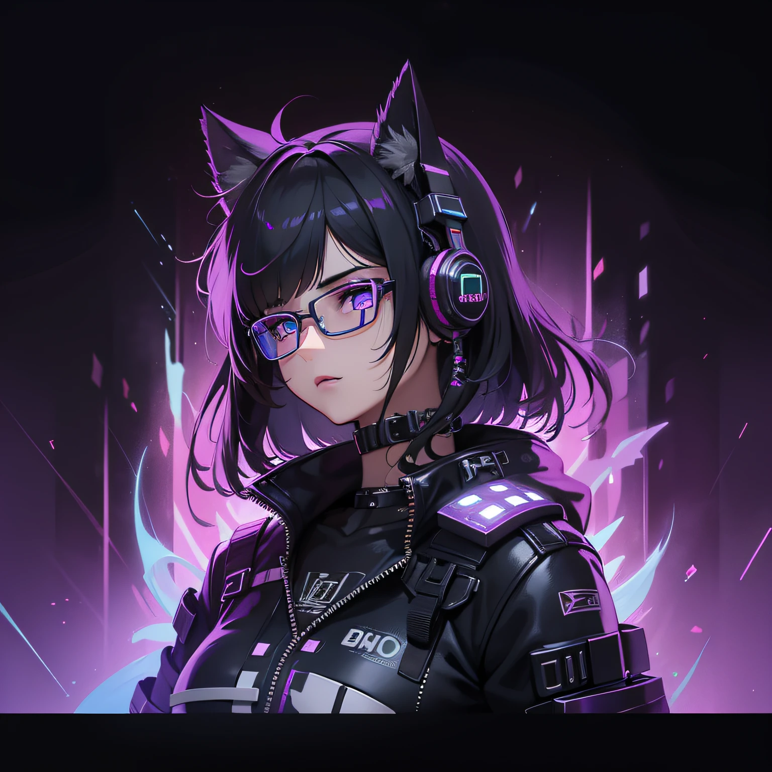 Cyberpunk menina com olhos roxos brilhantes, saindo faisca de eletricidade roxa