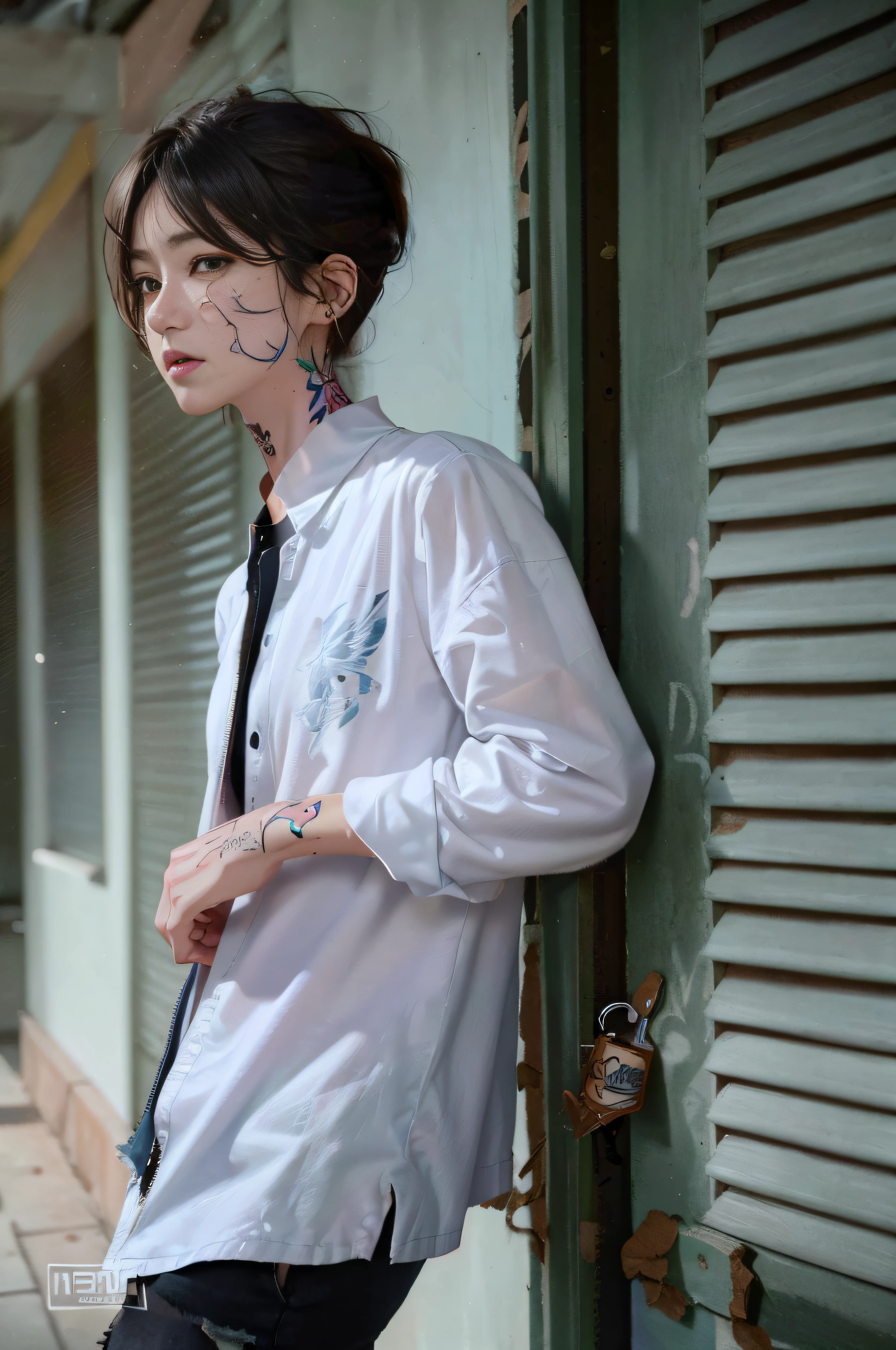 ((medium breast, tomboy girls, small head)),  (chiseled abs : 1.1), (perfect body : 1.1), (short wavy hair : 1.2) , auburn hair, collar, chain, full body shot, crowded street, wearing black tanktop, jeans jacket, (torn clothes:1.3)((shorts)), (extremely detailed CG 8k wallpaper), (an extremely delicate and beautiful), (masterpiece), (best quality:1.0), (ultra highres:1.0),  beautiful lighting ,perfect lightning, realistic shadows, [highres], detailed skin, ultra-detailed (((colorful))),(tattoo all:1.5),