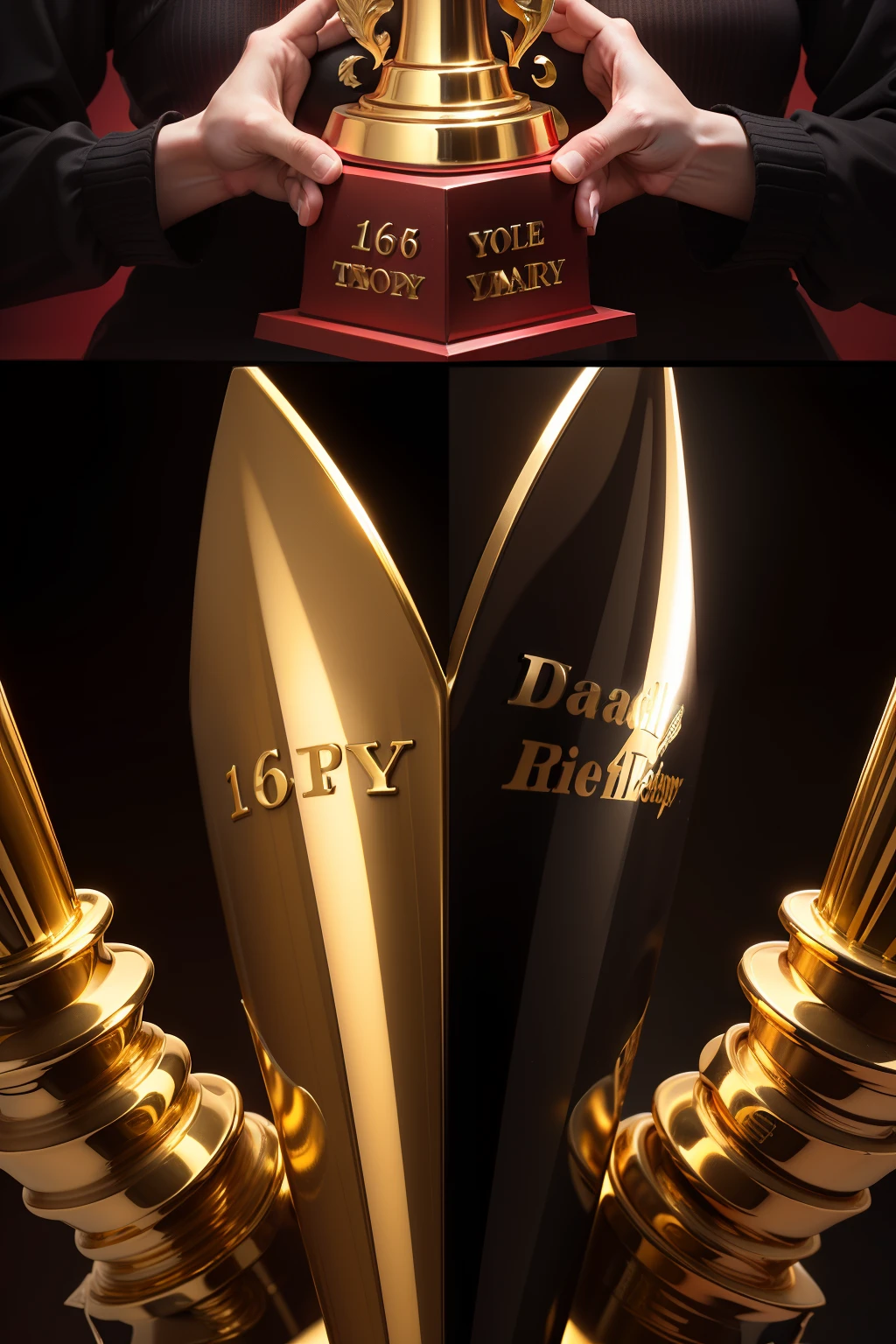 A gold trophy shaped by "16th anniversary"，metalictexture，Three-dimensional words，Frontal close-up perspective，Gold trophy with black or dark red background，metalictexture，Three-dimensional words，Frontal close-up perspective，Black or dark red background