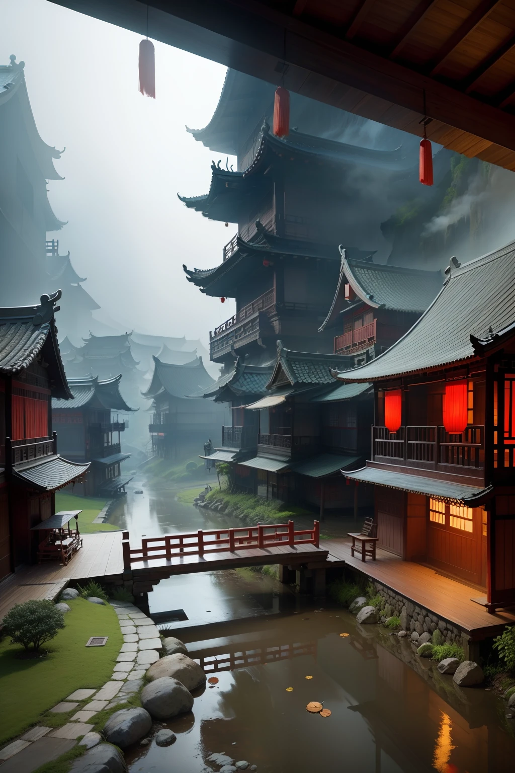 Ancient Chinese style wooden architecture,Smoke,rained,small stream,fisherman,village,overhead photography,See the creek winding