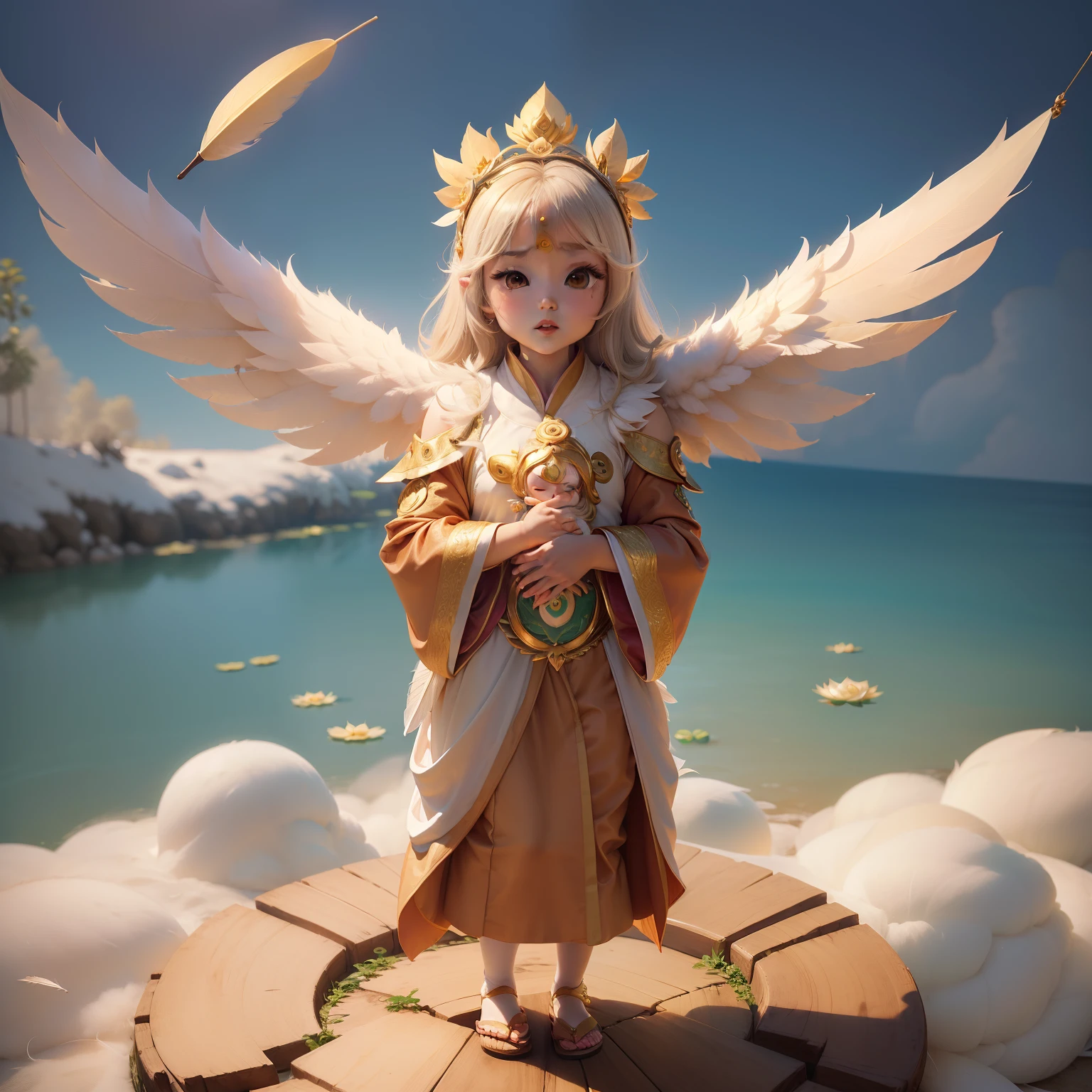 Cute Baby Chibi Anime,(Heavenly daughter:1.8), (lotuses:1.2), (Feather robes:1.3), (Uttara monk's vestments:1.4),Standing