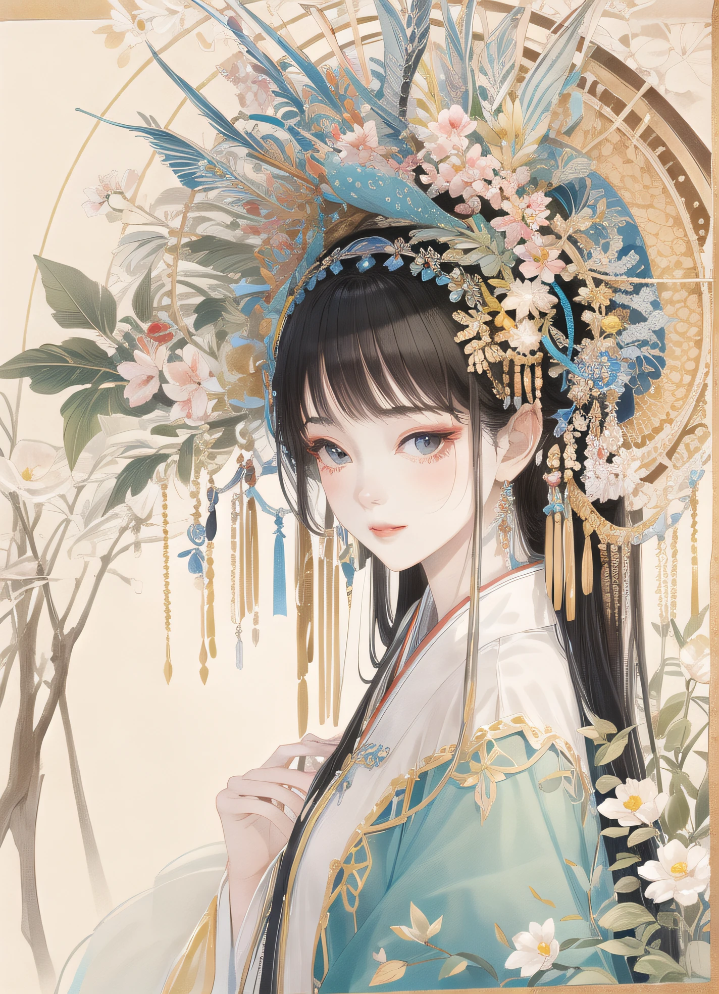 masterpiece, high quality,1girl,looking at viewer,east asian architecture,moon,butterfly, upper body,
