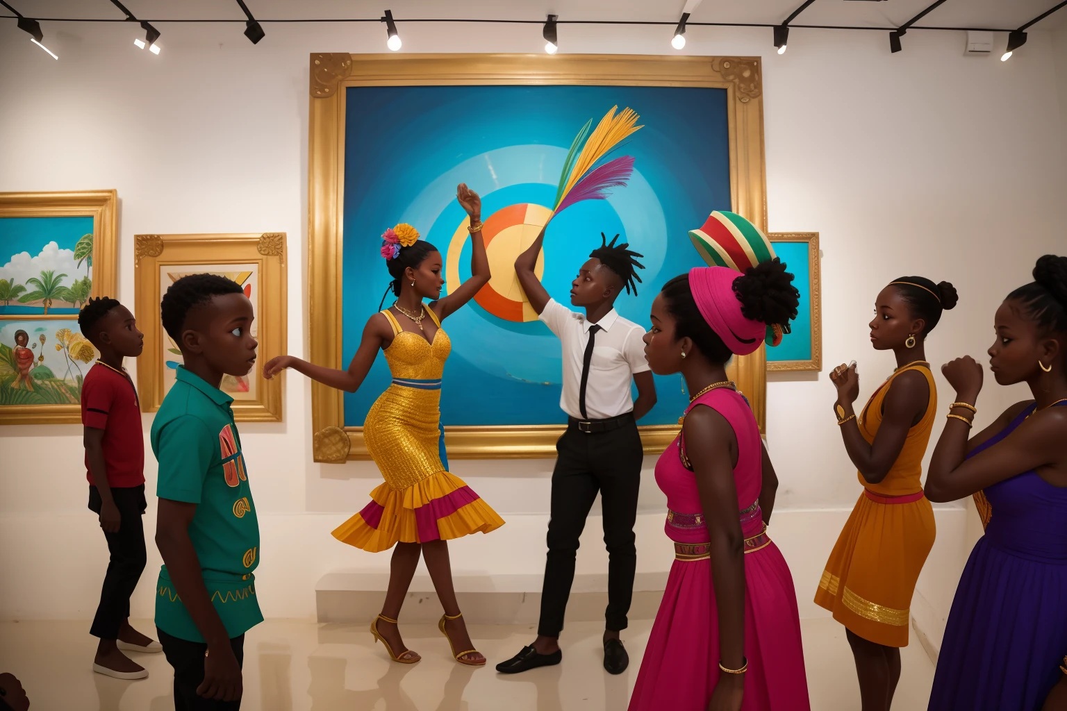Year: 2020
Country: Haiti
Description: At an art gallery opening in Jacmel, adults dressed in stylish attire admire an array of colorful paintings and sculptures. Among them, a teenager captivates the room with a mesmerizing dance performance, showcasing Haitian cultural expressions.