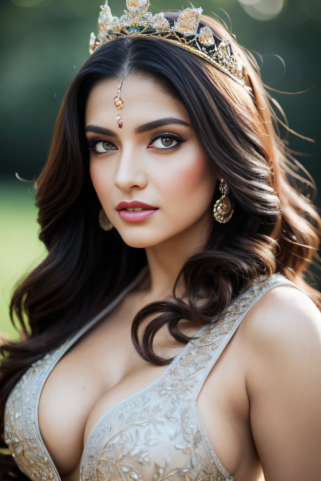 side topless portrait of A confident-looking indian woman princess with long flowing hair, hazel eyes, with flowing see-through royal saree and breast visible see-through blouse, wearing designer jewellery, designer royal gown, a crown on head, visible c-cup breast sitting on royal garden, palace background, bokeh perfect composition, hyperrealistic, super detailed, 8k, high quality, trending art, trending on artstation, sharp focus,  photo shoot, intricate details, highly detailed, art by greg rutkowski