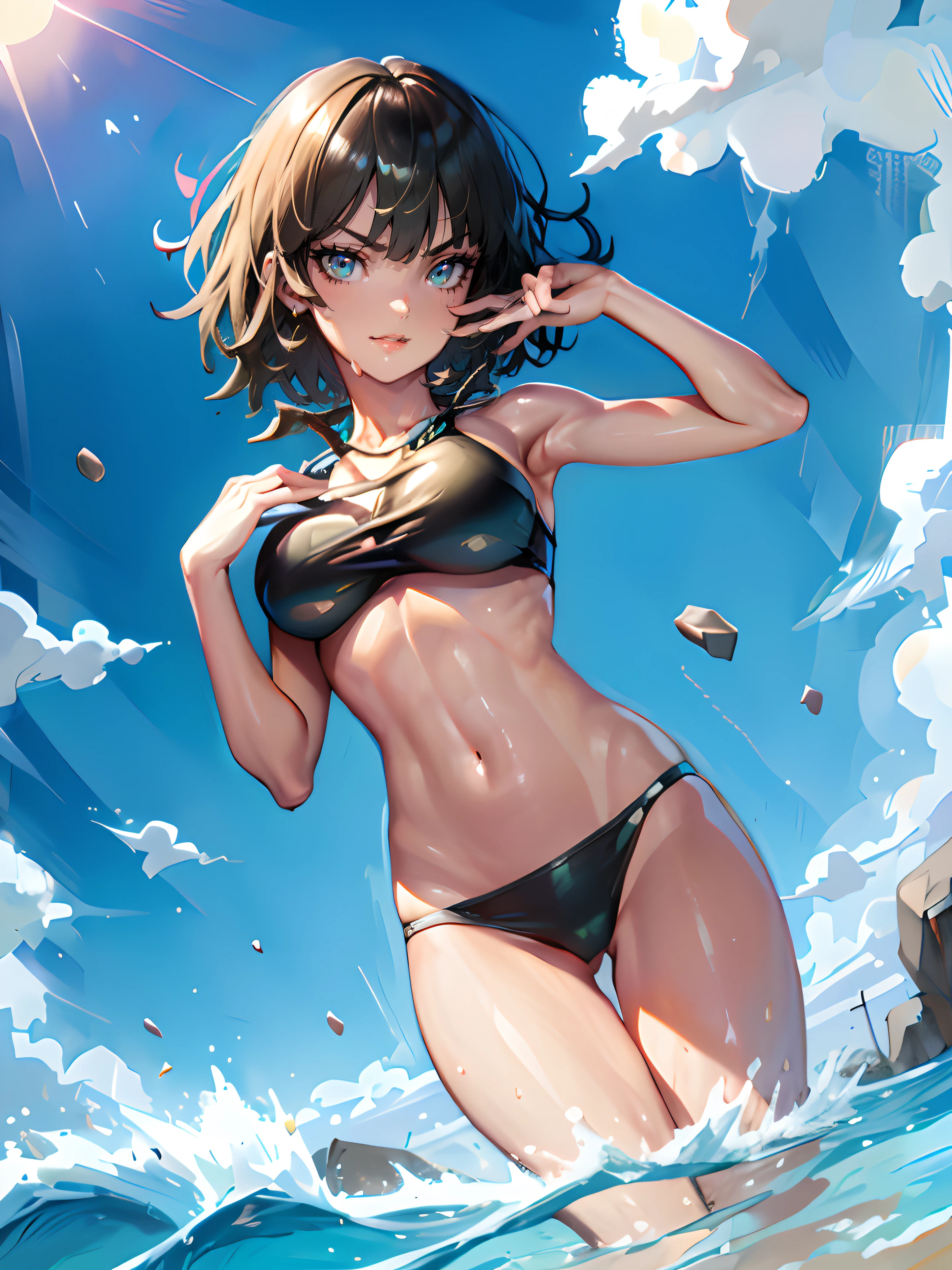 (Masterpiece),(detailed eyes),(expressive eyes), (expressive face), (more detailed),Fubuki wearing bikini at beach, shiny body, olily body,shining body, smile, mature_body, huge_breasts