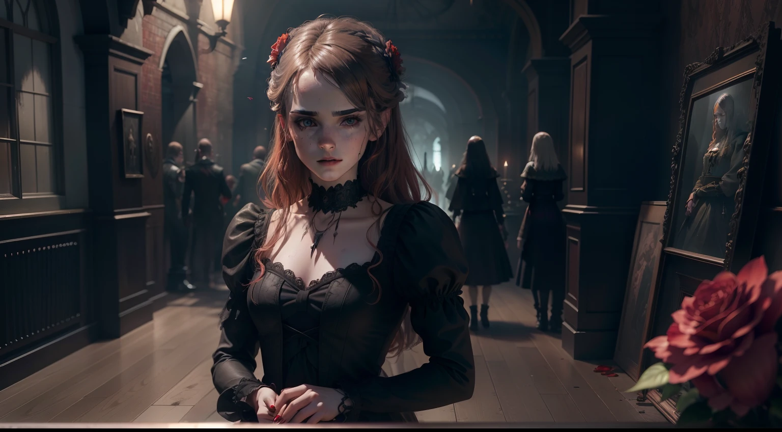 teen Emma Watson, zombie, corpse, beautiful, blood, bone, knives, holding a long dagger, flowers, love, 1girl,black wedding dress, Red roses in hair, Red roses scattered around, Red nail polish, red bleeding eyes, zombies in background, castle walls, ultra detailed, official art, masterpiece, (best quality:1.3), reflections, extremely detailed cg unity 8k wallpaper, detailed background, masterpiece, best quality, (masterpiece), (best quality:1.4), (ultra highres:1.2), (hyperrealistic:1.4), (photorealistic:1.2), best quality, high quality, high-res, detail enhancement,
