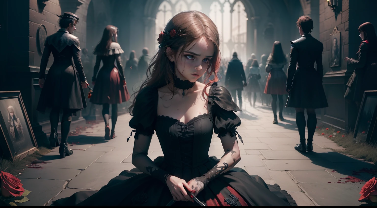 Emma Watson, zombie, corpse, beautiful, blood, bone, knives, holding a long dagger, flowers, love, 1girl,black wedding dress, Red roses in hair, Red roses scattered around, Red nail polish, red bleeding eyes, zombies in background, castle walls, ultra detailed, official art, masterpiece, (best quality:1.3), reflections, extremely detailed cg unity 8k wallpaper, detailed background, masterpiece, best quality, (masterpiece), (best quality:1.4), (ultra highres:1.2), (hyperrealistic:1.4), (photorealistic:1.2), best quality, high quality, high-res, detail enhancement,
