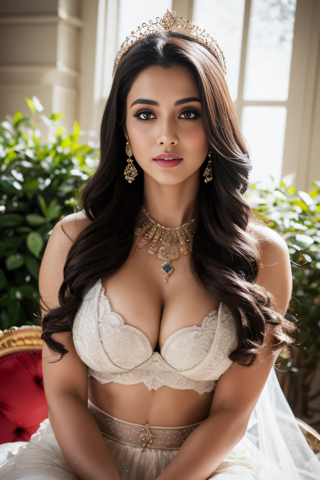 side nude topless portrait of A confident-looking indian woman princess with long flowing hair, hazel eyes, wearing designer jewellery, designer royal crown, visible c-cup breast sitting on royal garden, palace background, bokeh perfect composition, hyperrealistic, super detailed, 8k, high quality, trending art, trending on artstation, sharp focus, nude photo shoot, intricate details, highly detailed, art by greg rutkowski