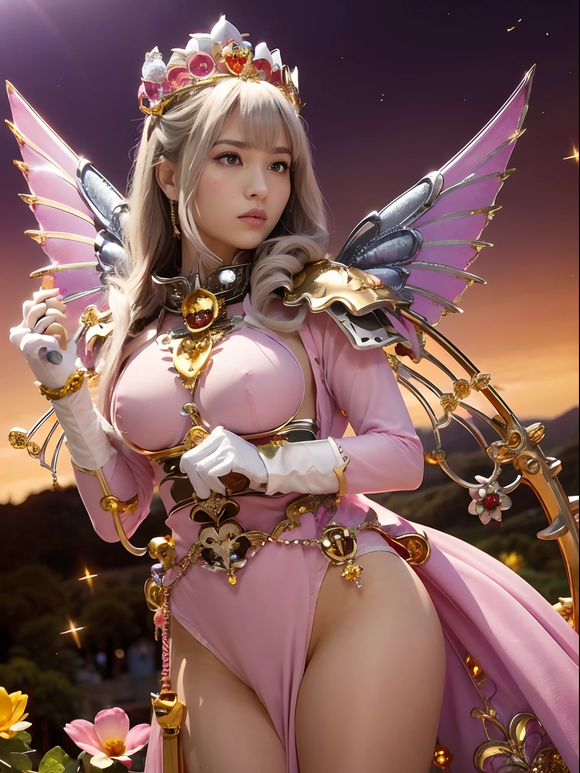 (masutepiece), Professional , ​masterpiece、top-quality、photos realistic , depth of fields （Gemstone Flower Metal Body:1.4),(Matte Silver Pink、Jewel Gold Weapon、（Gorgeous castle background）、（ultimate beauty girl）、（Flower rainbow fairy wings grow）、（Jewel Flower Metal Body:1.９),Gorgeous Jewel Metal Weapons , Detailed Sword of the Brave ,（ a blond）   ,warhammer 40k ,(（Floral Micro Bikini）)、Particles of light、（Beautiful flower garden background）、 adepta sororitas,Detail and ornate jewel crown、独奏、Brown hair、（Gangle's forest background）、Beautiful Caucasian beauty、１a person、dynamic ungle,(((Diamond tiara with detail and luxury)))、a small face、Powerful poses、（Gorgeous castle background）、huge filesize、20 year old beautiful woman、Thin female fingers、Straight long hair、Beautiful Caucasian beauty、Valley、Fairy of Light、Particles of light、