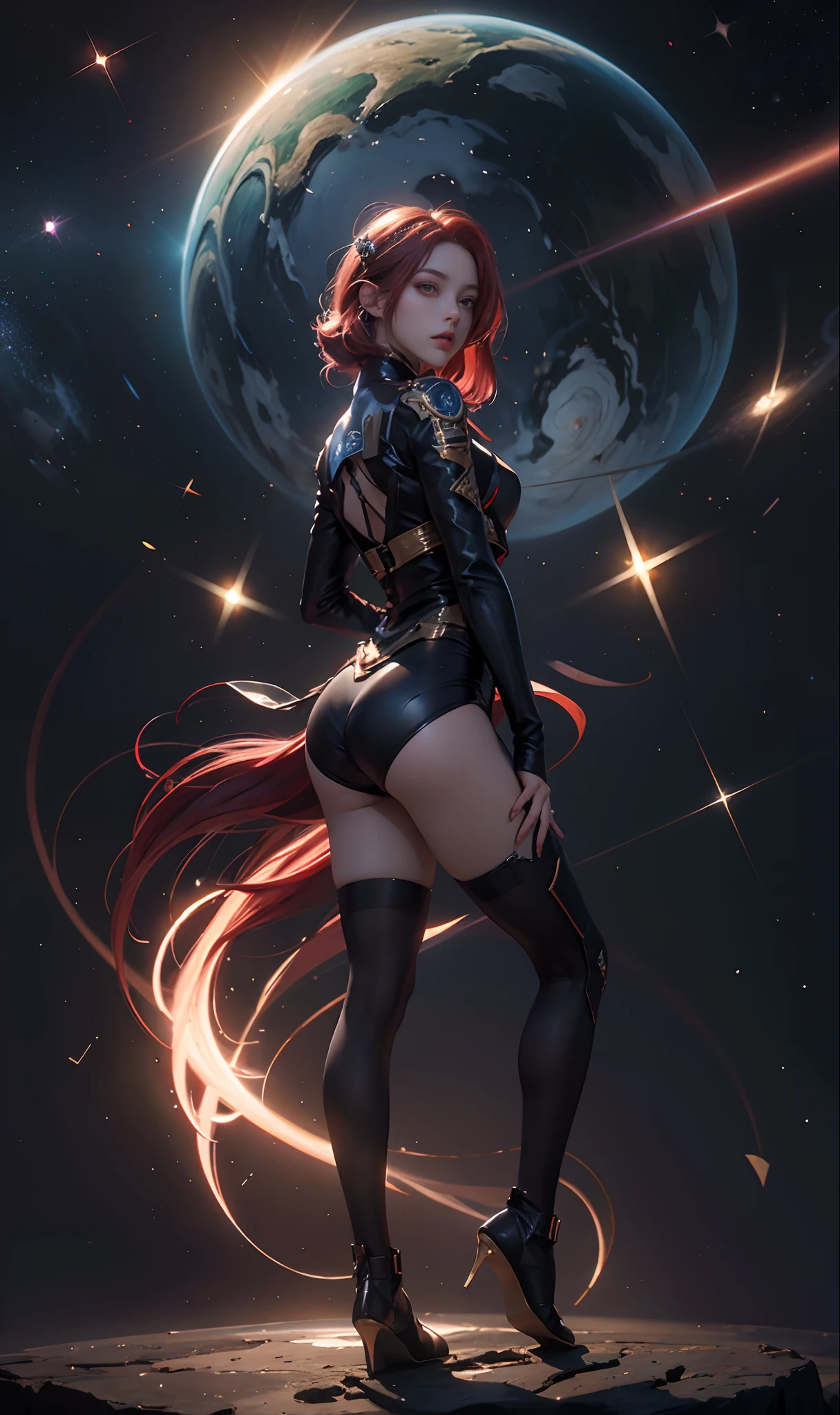 Unbeatable masterpiece, Ultra photo realsisim, Perfect artwork, Intricate details, Best quality, Strong light,High contrast,Masterpiece , Best quality , 超高分辨率(Abstract art:1.3) , Girl , In space , The beauty of the universe , Cosmic dress , stars , Starcloud ,glowing body , Glowing eyes , Flying hair ,Visually stunning , Beautiful , Gorgeous .Award-winning art , (Red hair) , Universe .Starry_sky , milky ways , , Masterpiece , best qualtiy , 超高分辨率 , (Abstract art:1.3) ,1girll , In space , The beauty of the universe , Space Uniform , stars , Starcloud , glowing body ,Glowing eyes , Flying hair , Visually stunning beauty , Gorgeous , Award-winning art ,(Red hair) , Masterpiece , Best quality ,
