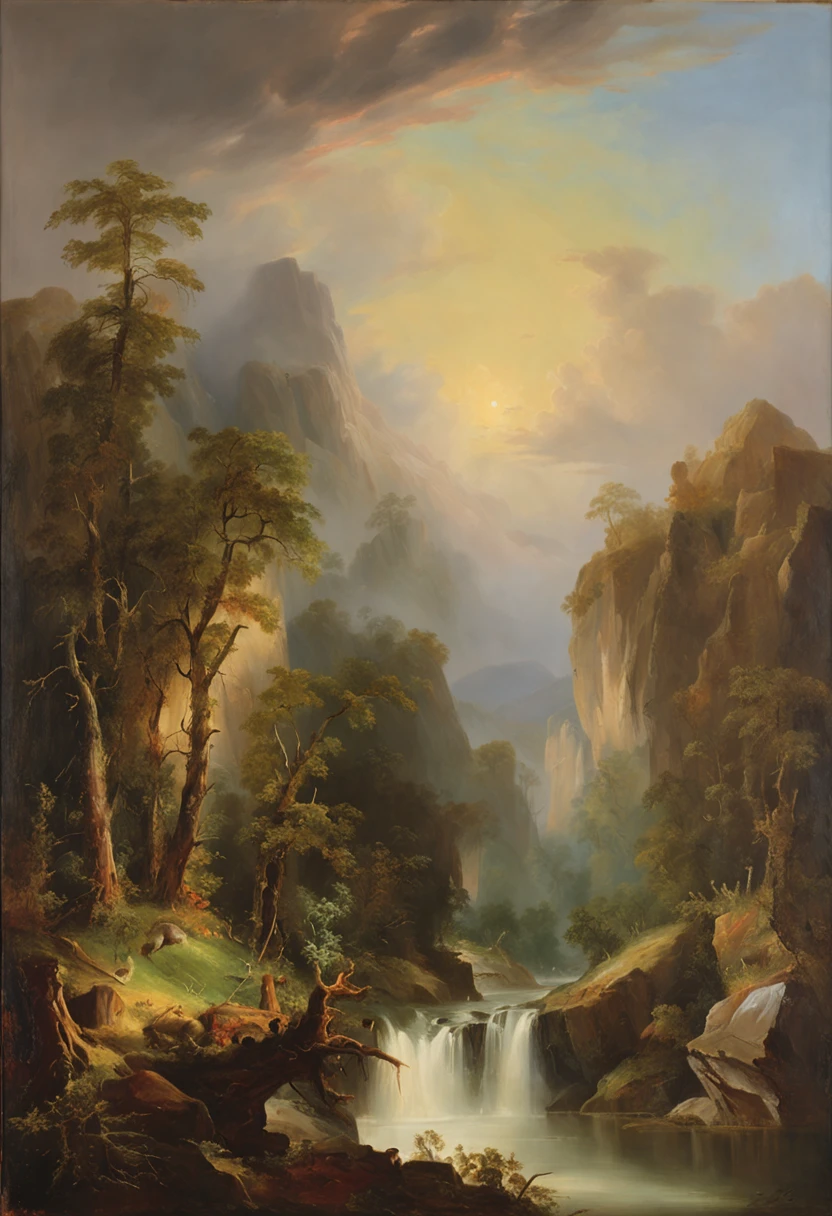 Thomas Cole was a 19th-century American landscape painter，Considered the founder of the Hudson River School。Cole's works are all romantic，Meticulous and realistic，It mainly depicts the natural scenery of the United States。（Hudson River School painter and「steampunc」combine，The images generated by the AI are of high quality）