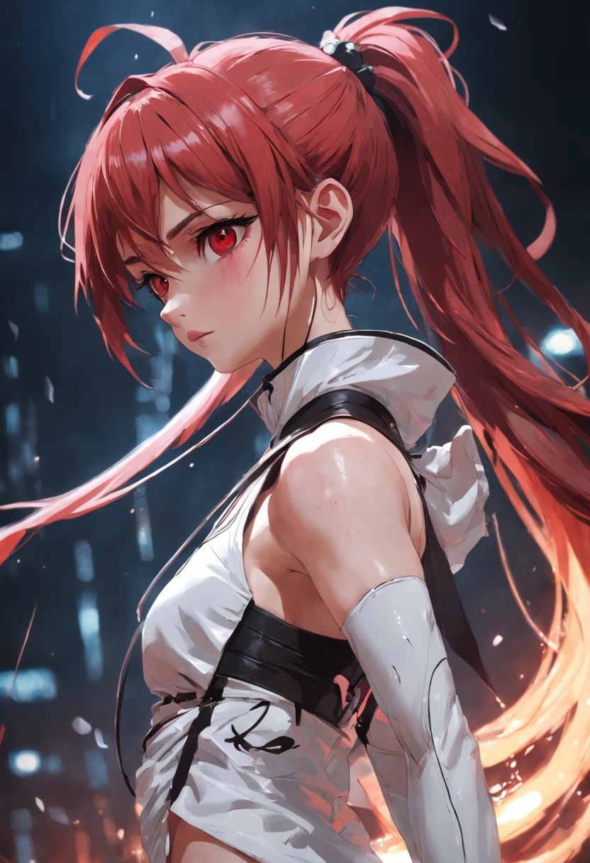 fine Illustration artstyle by Russ Mills, luis Royo, Darek Zabrocki, beautifull woman, pmmmKyouko, ((Sakura Kyoko, Madoka Magica, spear, {red hair, long ponytail})), upper body dynamic posture, soft skin, hyperdetailed eyes, red eyes, hyperrealism, highly detailed, sharp focus, masterpiece, perfect composition, art, chiaroscuro, artstation, unreal engine 5, octane render, 8K, UHD, style by losh, wlop