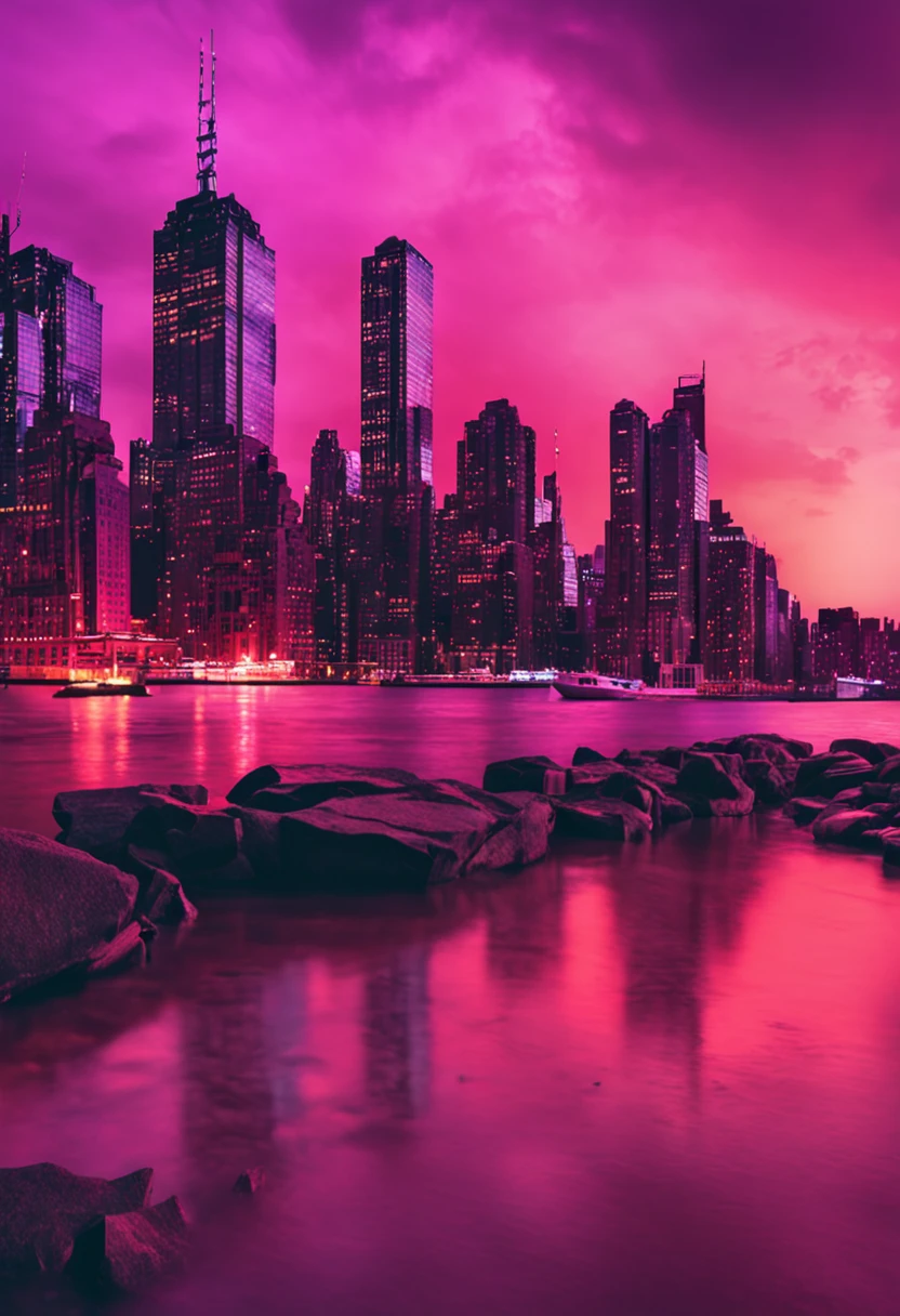 New York city pink and purple sunset，"vibe infusion" - Will some kind of emotion、Atmosphere or feeling infused into a certain scene、A process in an environment or experience。Change with the atmosphere of the party that emphasizes the passage itself、Influence or reinforce an atmosphere or emotion