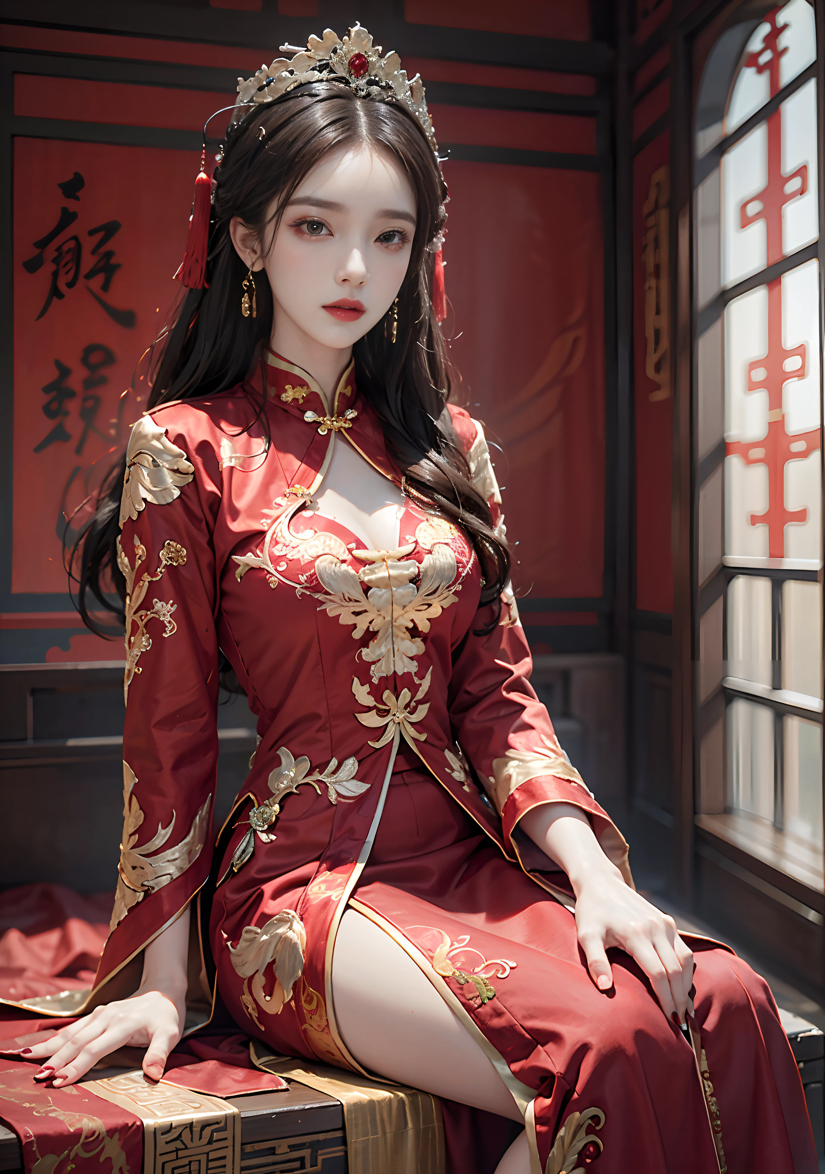 (Ultra-realistic 8k CG: 1.2), perfect artwork, delicate patterns, intricate details, (unparalleled masterpiece, best quality: 1.2), (extremely complex: 1.2), a woman in a red and gold dress, phoenix crown, hair stick, (sitting on a red bed), makeup, blush, shyness, black_hair, looking down, cosmetics, (forehead point), (2 red candles), Chinese_clothes, curtains, earrings, hair_ornament,hanfu, interior, jewelry, red nails, long_sleeves, red dress, red lips, tassels, (red quilt), (red palace: 1.2), (ancient Chinese architecture), (red: 1.8), night