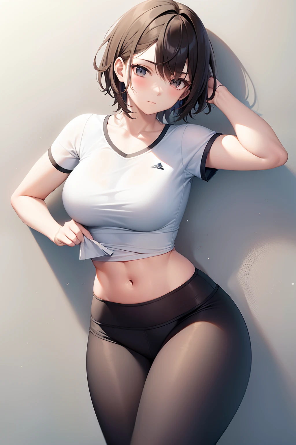 short hair, 1 athletic girl, tight crop top, knotted hem, midriff, yoga pants