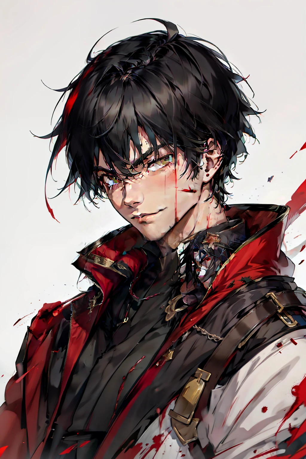"An elegant, middle-aged man, unkept black hair , green eyes, black red priest robes, masterpiece, portrait, blood stains on robe , tired smile"