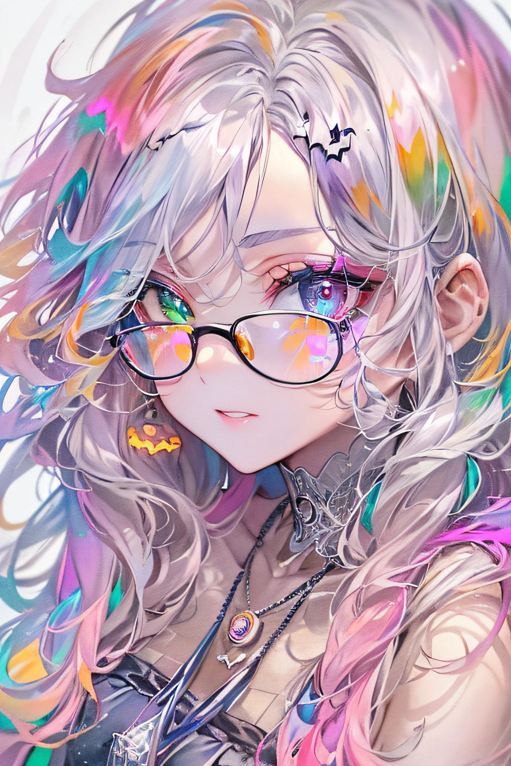 ((masterpiece、top-quality、Watercolor art(Pendants)、Official art、Beautifully Aesthetic:1.2))、(1girl in:1.3)、(Fractal Art:1.3)、full body Esbian、((Glitter pupils))、patterns、((rainbow-colored hair、colourful hair、Half blue and half pink hair:1.2))、colourfull、(Silver-rimmed glasses)、Writing、(heterochromia iridis:1.5)、(colourfull:1.5)、((Shy face))、one piece dress、(Standing)、(Hyper-detailing), ((delicate detail)), (intricate detailes), ((ciinematic light, best quality backlight)), highcontrast, ((The best lighting, extremely delicate and beautiful)), ((ciinematic light))、(ray trace reflection、brilliance)、((glowing aura))、((Radiant hair))、((The ultra-detailliert))、((8K)),(((Halloween:1.2))),(natta:1.5)