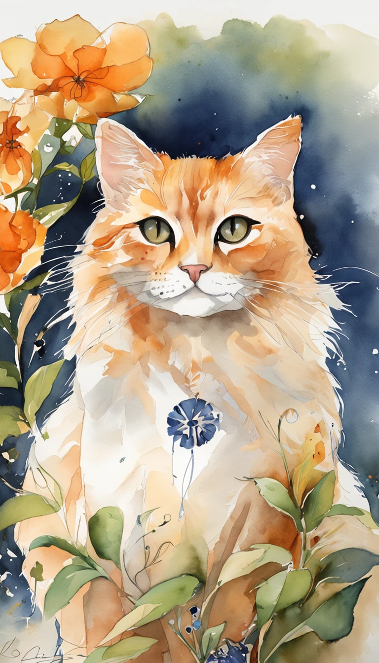 Garden cat,Under the sun,Warm orange hair,Detailed sketch style,Close up focusing on cat's eye,Mao's eyes are painted with a jewel-like material,Add cat purr,It's a warm and peaceful sight..