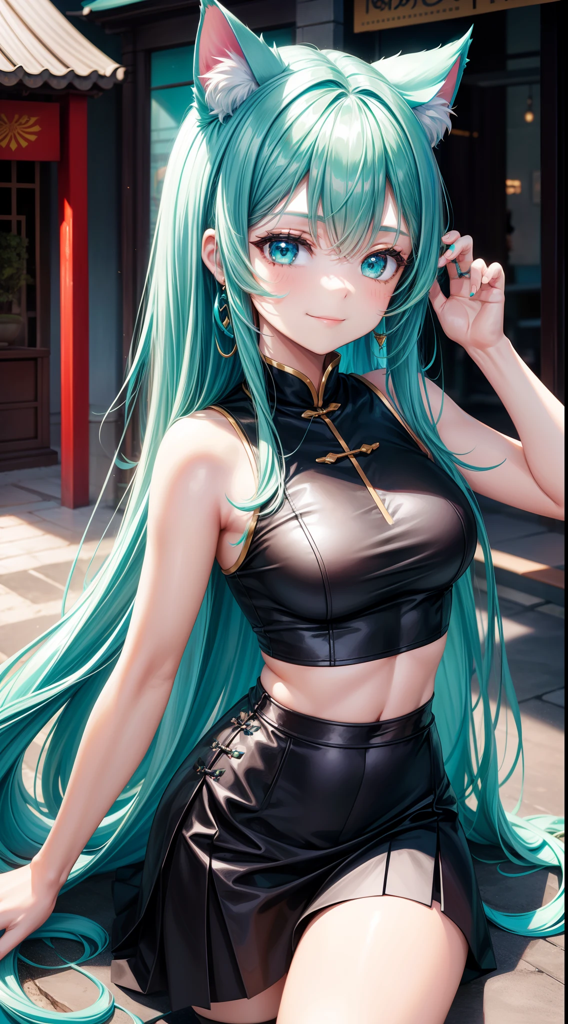 young girl, long turquoise hair, turquoise eyes, cat ears, smile, black Chinese tight top, skirt, Masterpiece, hiquality