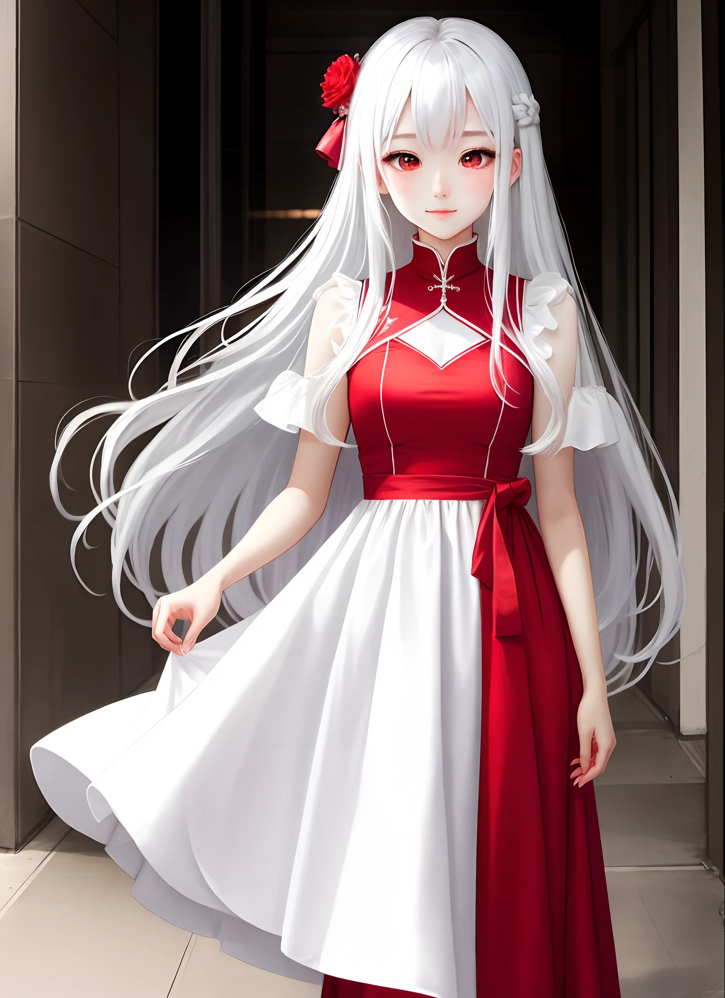 animemanga girl，long  white hair，Red eyes，Height one meter six five，Wearing a long red and white dress，The face is gentle and beautiful。