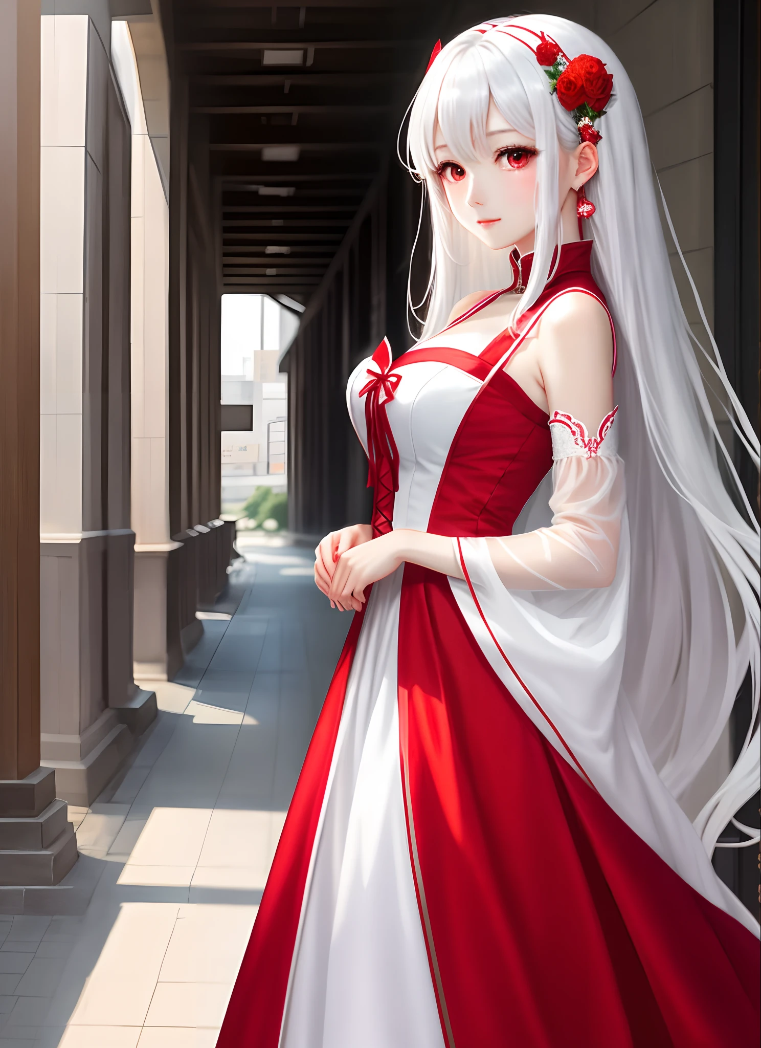 animemanga girl,long white hair,Red eyes,Height one meter six five,Wearing a long red and white dress,The face is gentle and beautiful。