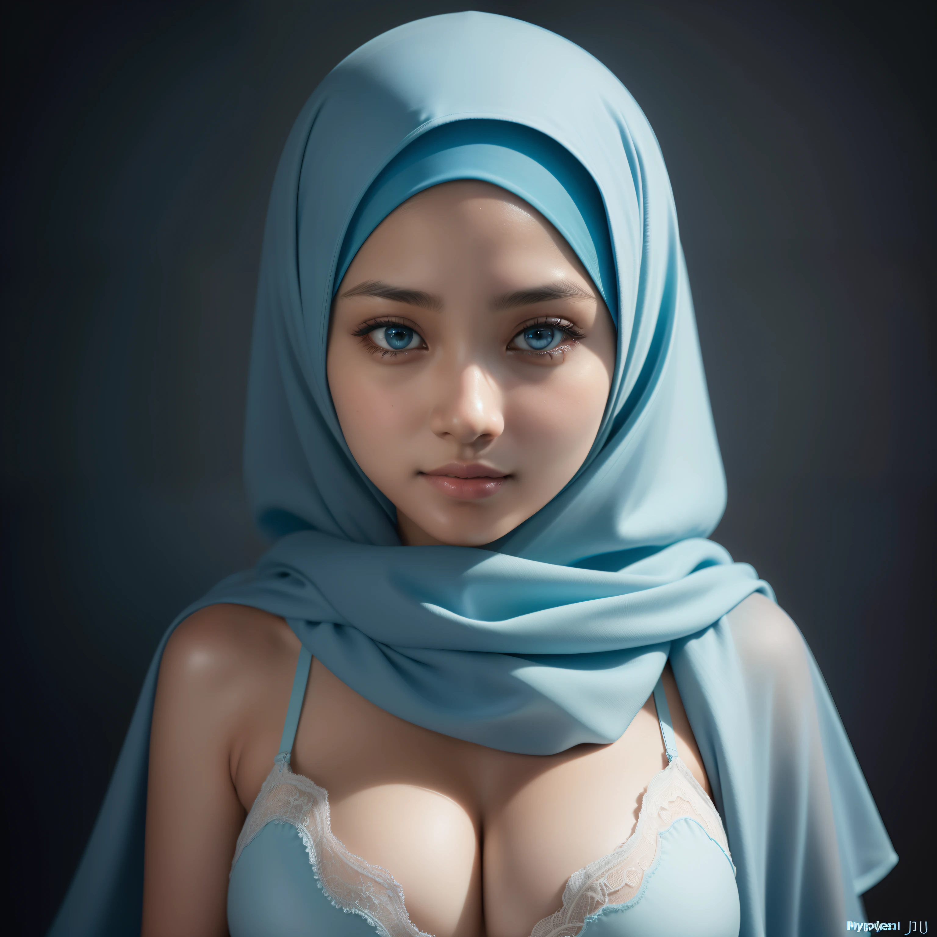cute malay girl with hijab, (light blue hijab), (medium portrait:1.3), dramatic light , Rembrandt lighting scheme, (hyperrealism:1.2), (8K UHD:1.2), (photorealistic:1.2), shot with Canon EOS 5D Mark IV, detailed face, detailed skin texture, show cleavage, big tits, beautiful body, show panties, happy face