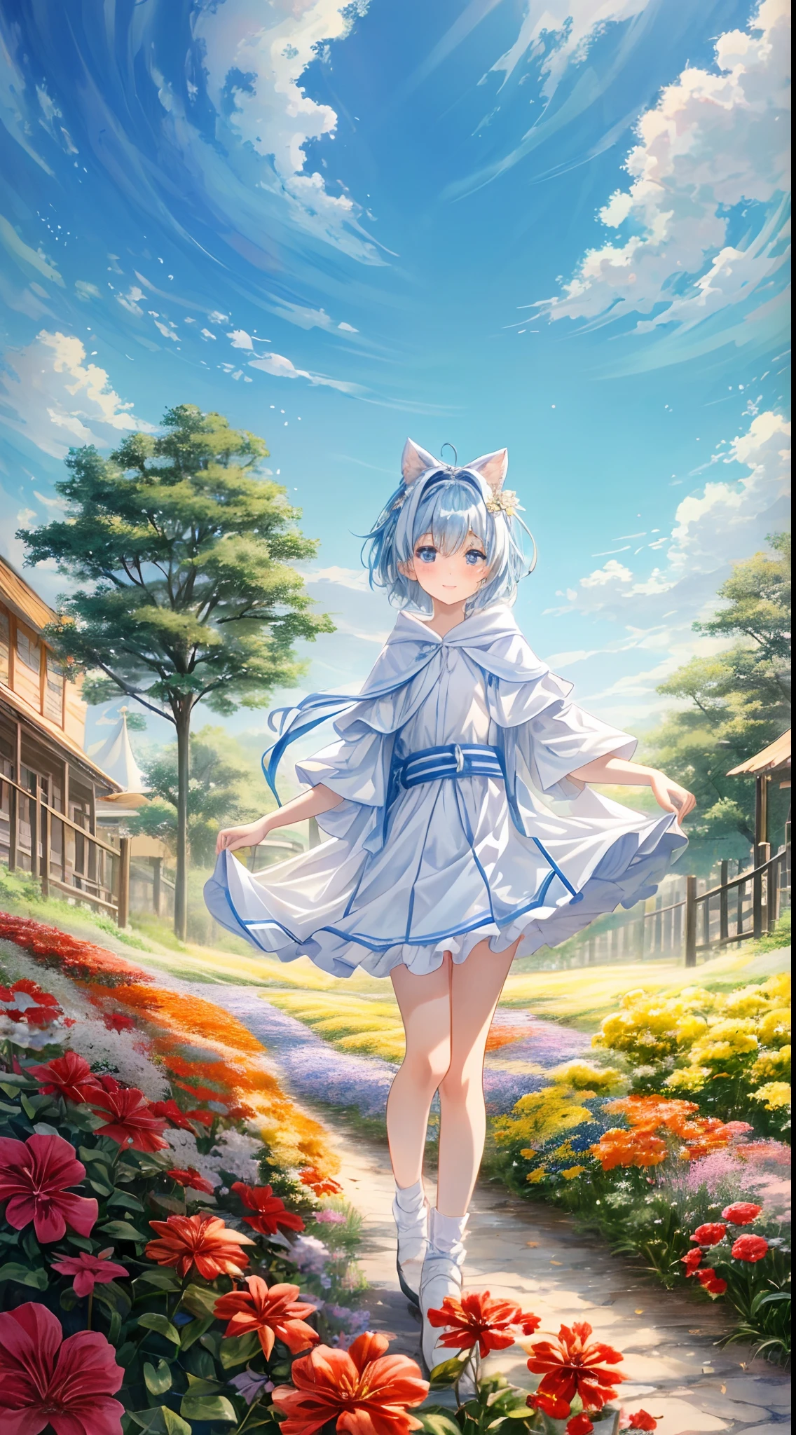 absurderes, hight resolution, (Official art, Beautiful and aesthetic:1.2), best qualtiy、(1womanl:1.8)、(独奏:1.7)、ultra-detailliert,Little Girl,hoods,Blue eyes,White skin,Straight hair,Short hair,kindly smile,Little Girl,Short hair,White skin,Light blue hair,