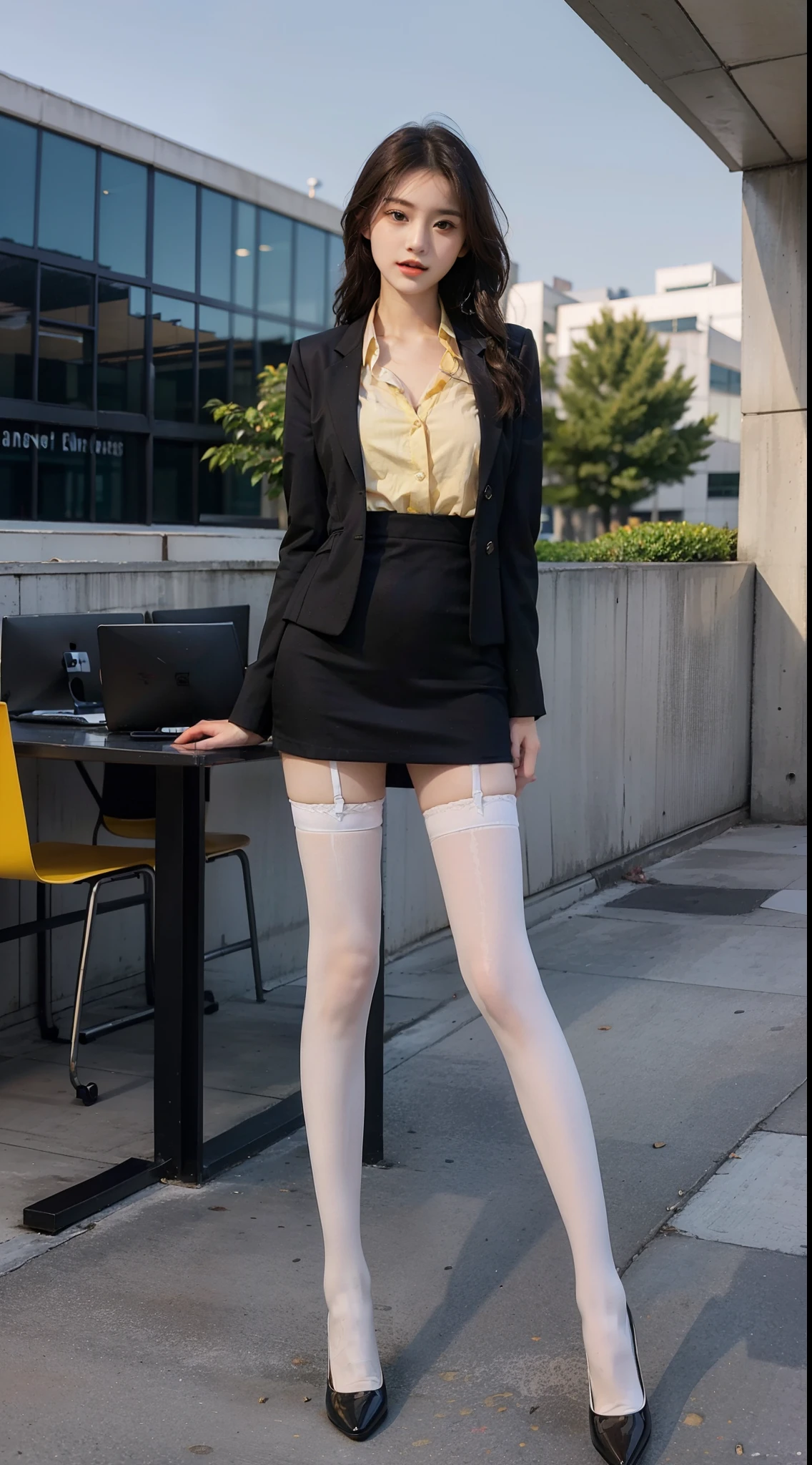best qualtiy, Full body like,Refined face,pretty face,20yo Woman,slimfigure,Larger bust,office lady uniform,Office wear,white stockings,Outdoor scene,yellow long hair