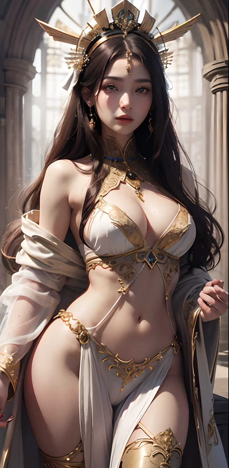 ulzang-6500-v1.1, (RAW photo:1.2), (Photorealistic:1.4), Beautiful detailed girl, Very detailed eyes and face, Beautiful detailed eyes, Super detailed, high resolution, Very detailed, Best quality, Masterpiece, ((Priestess)), (headdress), ((Long transparent robe)), ((Intricate details)), ((ultra transparent clothings)), ((ultra clear clothings)), full bodyesbian, Slim body, Petite body, Beautiful detailed whole body, ((cleavage)), ((See_passing__)),