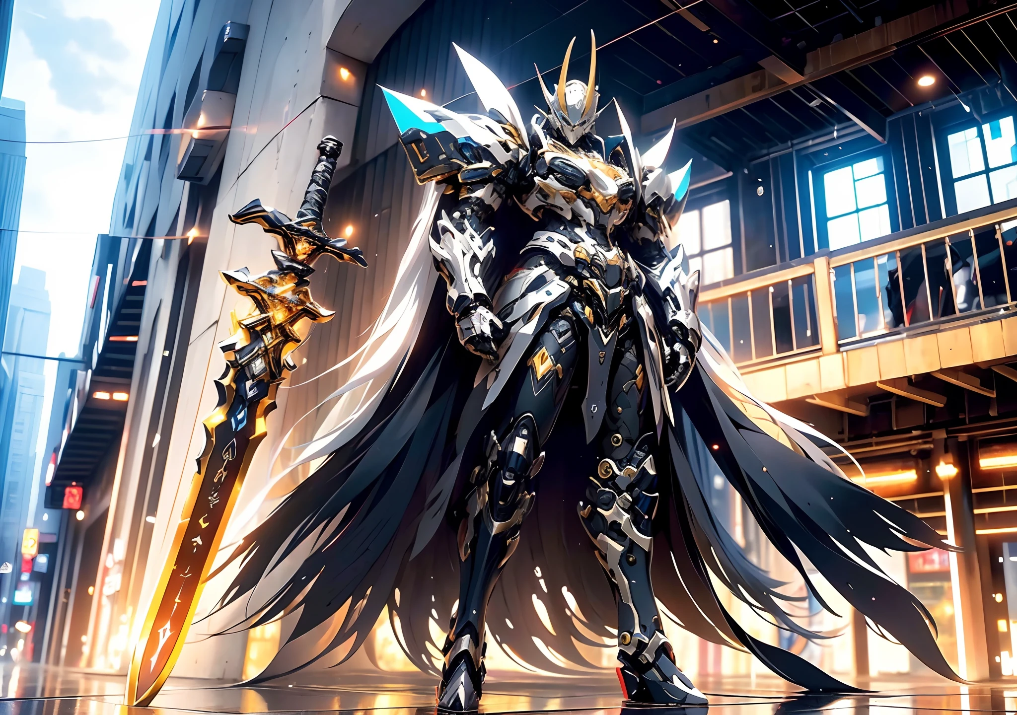 super wide shot, Full body frontal photo,Alphard image of a mecha female warrior, from girls frontline, Mecha warrior style, girls frontline universe, Fine details. Girl front, in mecha style,Fighting posture,giant mecha,(Smooth surface),Cyberpunk-city,White is the main color，With brown、Decorative color of gold，。There are powerful thrusters,(crystal:1.3),(((巨作))),(((Best quality))),((ultra - detailed))((Extremely detailed CG)),((16K resolution))((An extremely delicate and beautiful)),{Photorealistic},Full of detailed light blooms,A masterpiece from the Canon EOS R6 shooting,((tmasterpiece)) ,电影灯光,独奏,Unreal Engine 5,(Japanese Katana Sword,Superb craftsmanship、Elegant and powerful katana。The blade is slender and graceful，Built with futuristic technology。The body of the knife is carved with fine ornaments，Showcasing mythical creatures and symbols of power。The handle is made of precious metal material),salama,raiden