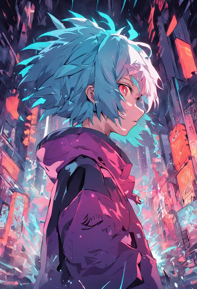 Generate a series of images that represent a graffiti-style anime theme, incorporando elementos como jujutsu kaisen. Use a neon color palette to convey a sense of technology. Create 4 variations.