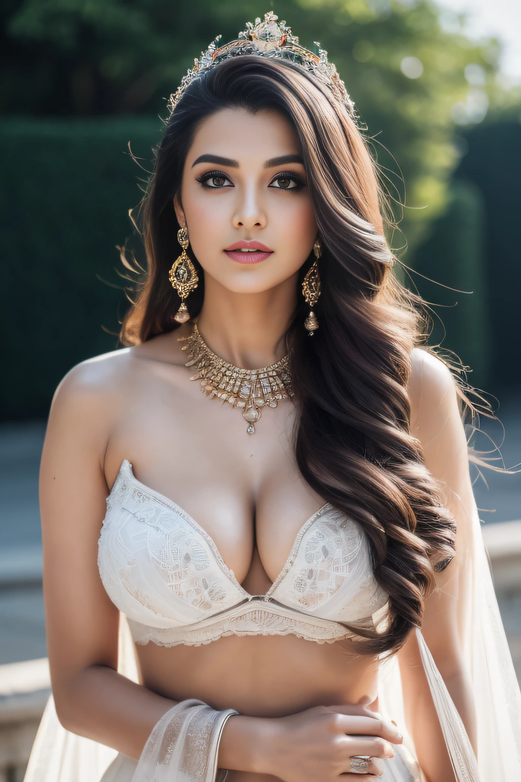 side nude topless portrait of A confident-looking indian woman princess with long flowing hair, hazel eyes, wearing designer jewellery, designer royal crown, visible c-cup breast sitting on royal garden, palace background, bokeh perfect composition, hyperrealistic, super detailed, 8k, high quality, trending art, trending on artstation, sharp focus, nude photo shoot, intricate details, highly detailed, art by greg rutkowski