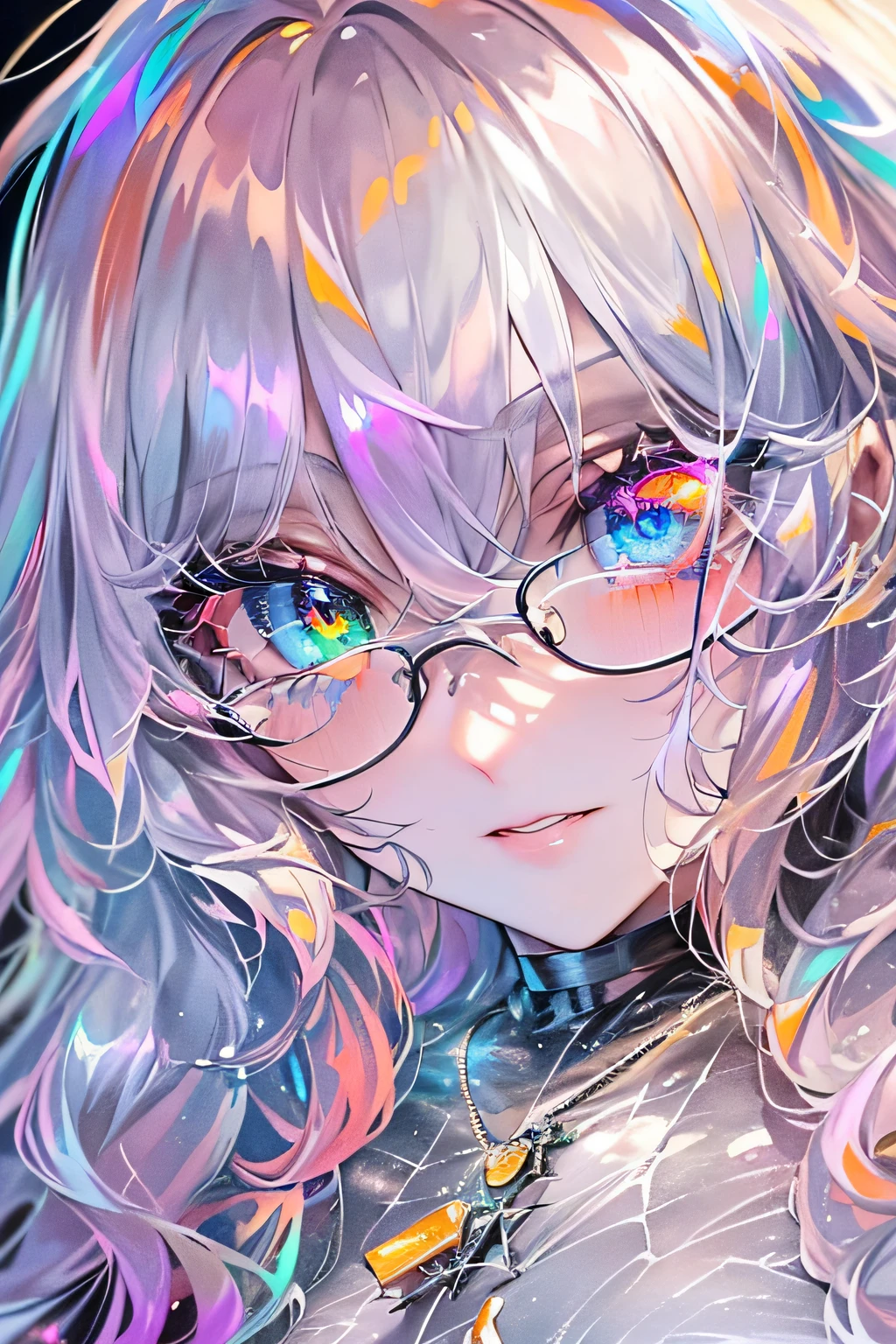 ((​masterpiece、top-quality、Watercolor art(Pendants)、Official art、Beautifully Aesthetic:1.2))、(1girl in:1.3)、(Fractal Art:1.3)、full body Esbian、((Glitter pupils))、patterns、((rainbow-colored hair、colourful hair、Half blue and half pink hair:1.2))、colourfull、(Silver-rimmed glasses)、Writing、(heterochromia iridis:1.5)、(colourfull:1.5)、((Shy face))、one piece dress、(Standing)、(Hyper-detailing), ((delicate detail)), (intricate detailes), ((ciinematic light, best quality backlight)), highcontrast, ((The best lighting, extremely delicate and beautiful)), ((ciinematic light))、(ray trace reflection、brilliance)、((glowing aura))、((Radiant hair))、((The ultra-detailliert))、((8K)),(((Halloween:1.2))),（natta:1.5)