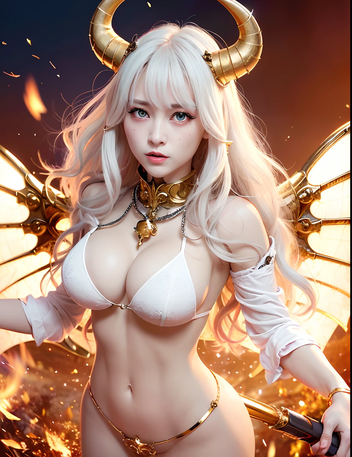 Professional , masterpiece、top-quality、photos realistic , depth of fields 、(White Gemstone Body:1.9),(Matte White、(cleavage of the breast)、Jewel Gold Weapon、Particles of light、Gemstone Body White:1.4),Gorgeous gold weapons ,(( Dragon dense and gorgeous dragon sword)) , (demonic wings) ,Bloody 、((White hair))、(Castle background)、(demonic wings)、((Gangle's forest background))、Beautiful Caucasian beauty、1a person、dynamic ungle,(((Two devil's horns on the head)))、Smaller head、Idle Smile、Thin and beautiful female hands、cleavage of the breast、Mystical expression、Light Effects、intense fighting、Wind-effect、magic circles、With the legendary magic wand、Dragon's tail、Black tattoos all over the body、
