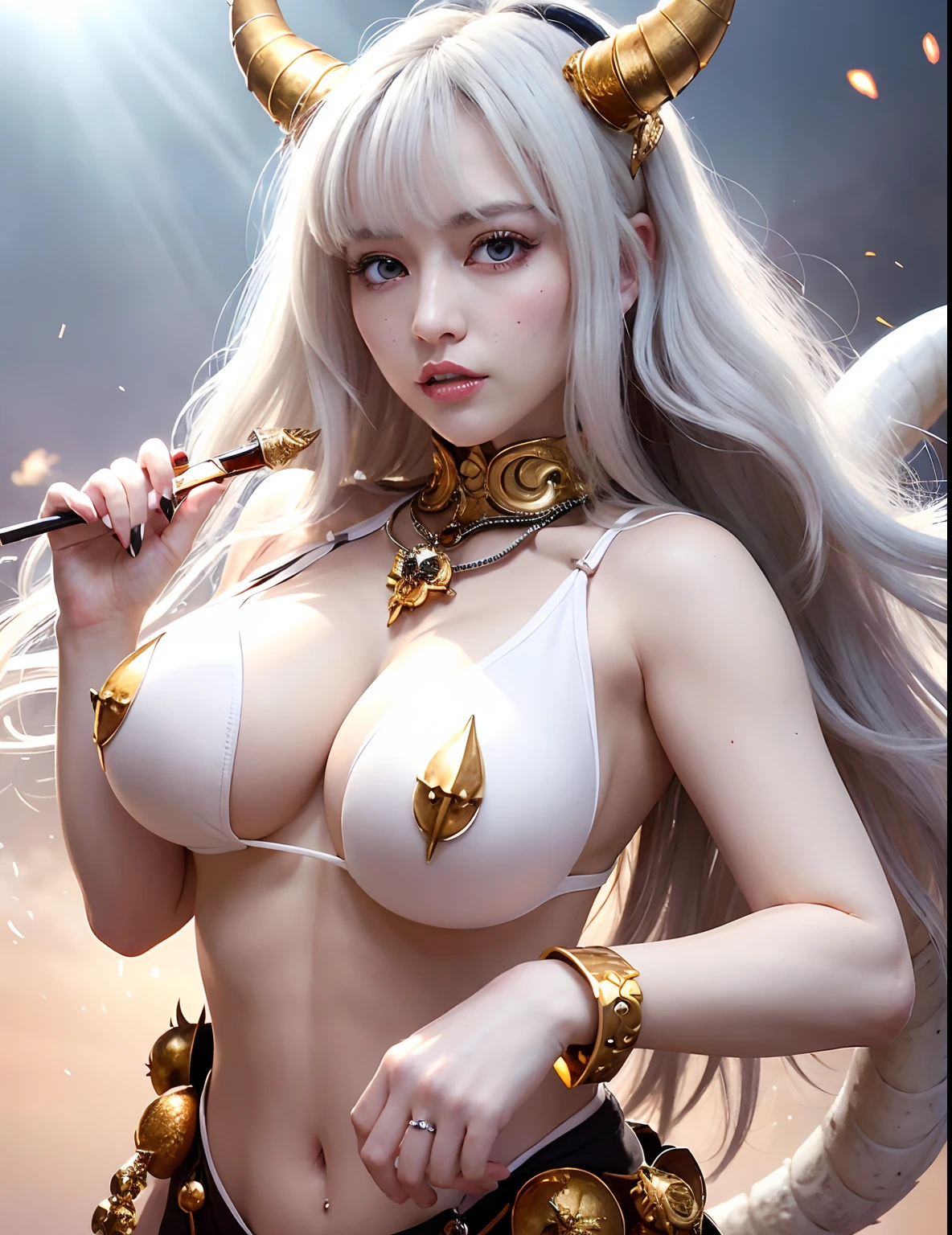 Professional , masterpiece、top-quality、photos realistic , depth of fields 、(White Gemstone Body:1.9),(Matte White、(cleavage of the breast)、Jewel Gold Weapon、Particles of light、Gemstone Body White:1.4),Gorgeous gold weapons ,(( Dragon dense and gorgeous dragon sword)) , (demonic wings) ,Bloody 、((White hair))、(Castle background)、(demonic wings)、((Gangle's forest background))、Beautiful Caucasian beauty、1a person、dynamic ungle,(((Two devil's horns on the head)))、Smaller head、Idle Smile、Thin and beautiful female hands、cleavage of the breast、Mystical expression、Light Effects、intense fighting、Wind-effect、magic circles、With the legendary magic wand、Dragon's tail、Black tattoos all over the body、