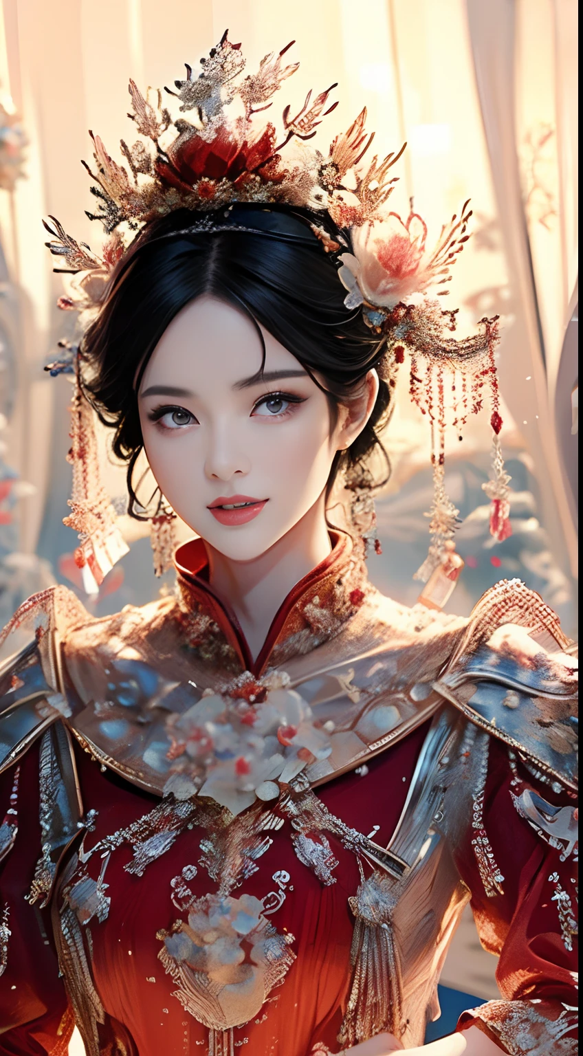 tmasterpiece，Highest high resolution，((Sedan))，Dynamic bust of beautiful Chinese princess，the bride，Jet black hair is elegantly coiled，（(Wearing a huge red crown))，veils，Purple clear eyes，The hair is covered with beautiful and delicate floral craftsmanship, Crystal jewelry filigree，Ultra-detailed details，upscaled。