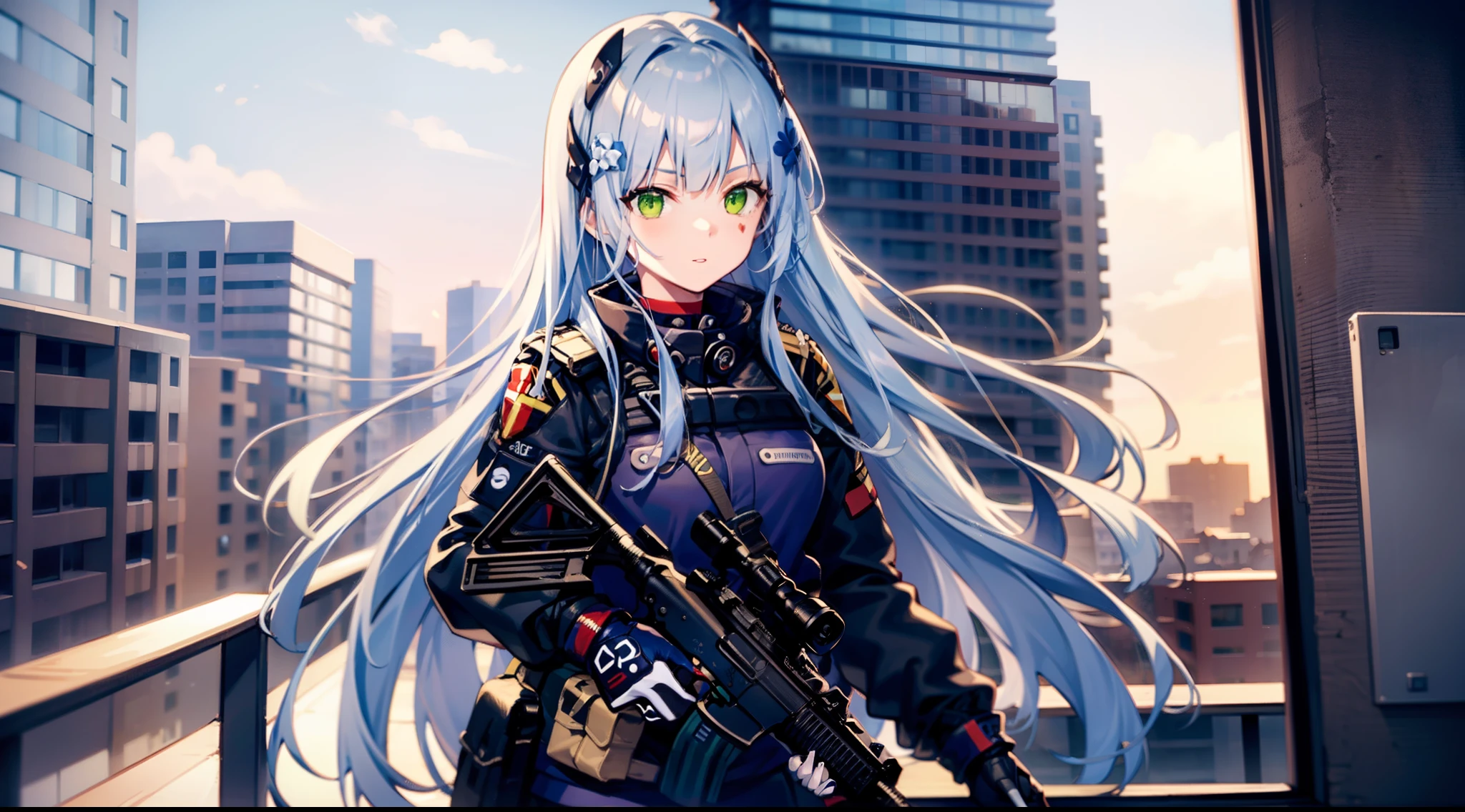 1 girl, semi-auto gun, shooting, in the building, silver hair, green eyes, black clothes, special operations, special force, cinematic action