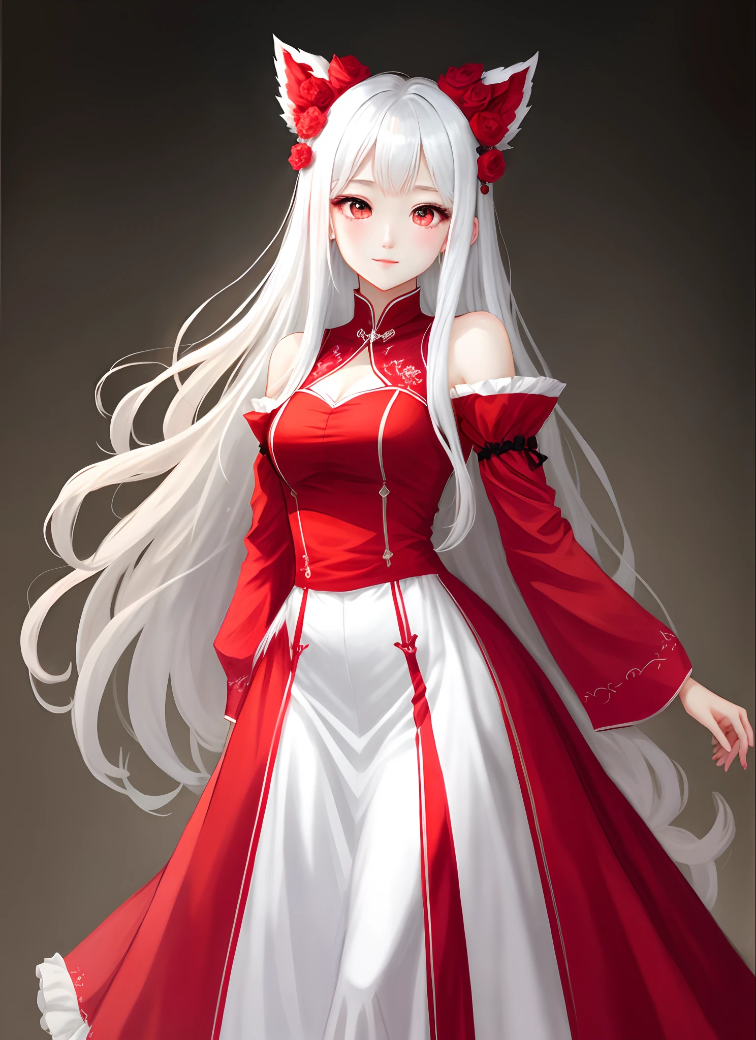 animemanga girl,long white hair,Red eyes,Height one meter six five,Wearing a long red and white dress,The face is gentle and beautiful。