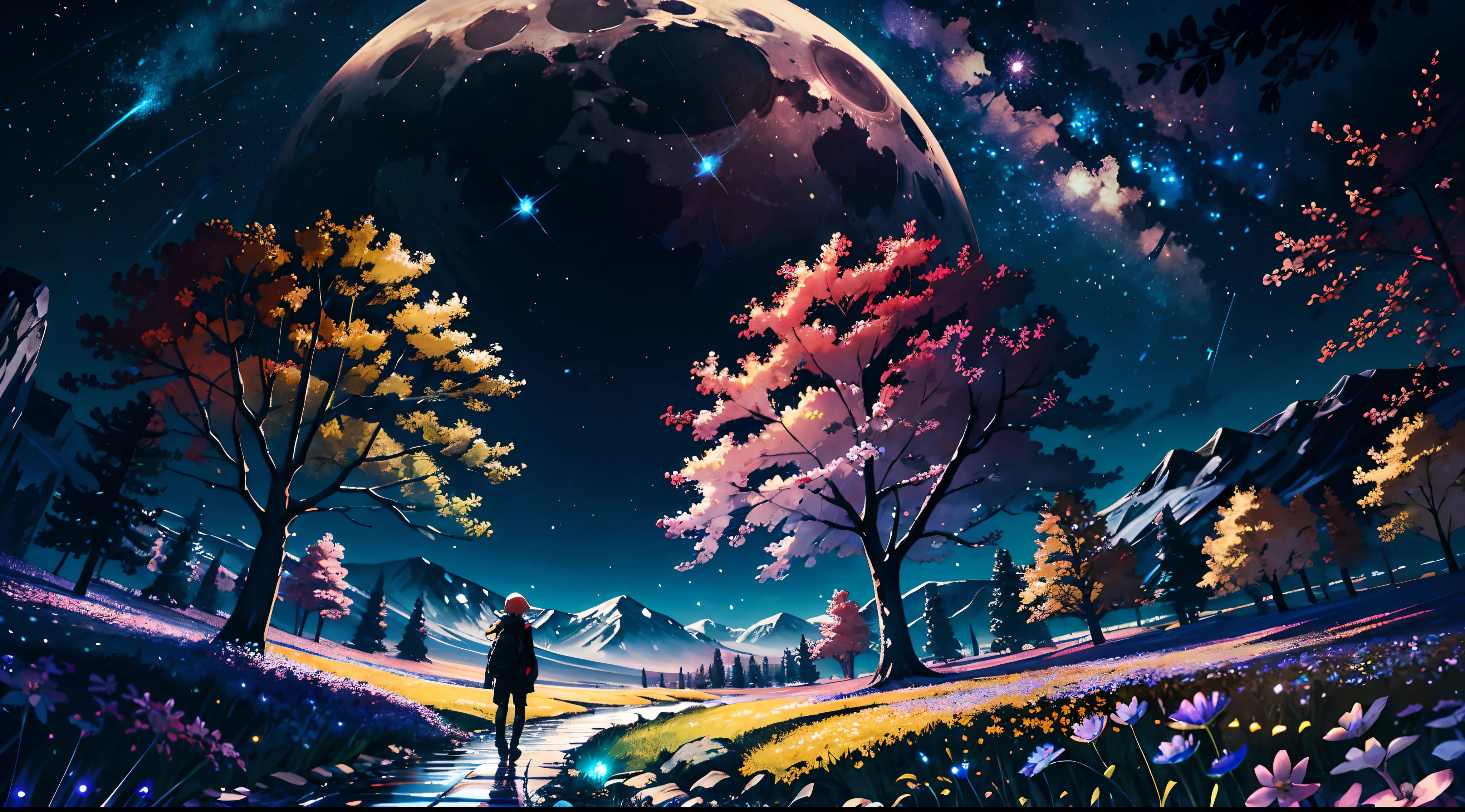 Vast landscape photos、(View from below with a view of the sky and the wilderness below)、Girl standing in a flower field and looking up、(fullmoon:1.2)、(shooting stars:0.9)、(nebulas:1.3)、mountain in the distance、Tree BREAK Production Art、(Warm color Light Source:1.2)、(fireflys:1.2)、abajour、Purple and orange、intricate detailes、Volume Lighting BREAK (masterpiece:1.2)、(top-quality)、4k、ultra-detailliert、(The composition of the movement:1.4)、Highly detailed and colorful details(Irridescent color:1.2)、(glowing lighting、Atmospheric illumination)、dream-like、Magical、(独奏:1.2)、The moon is beautiful、Past award-winning