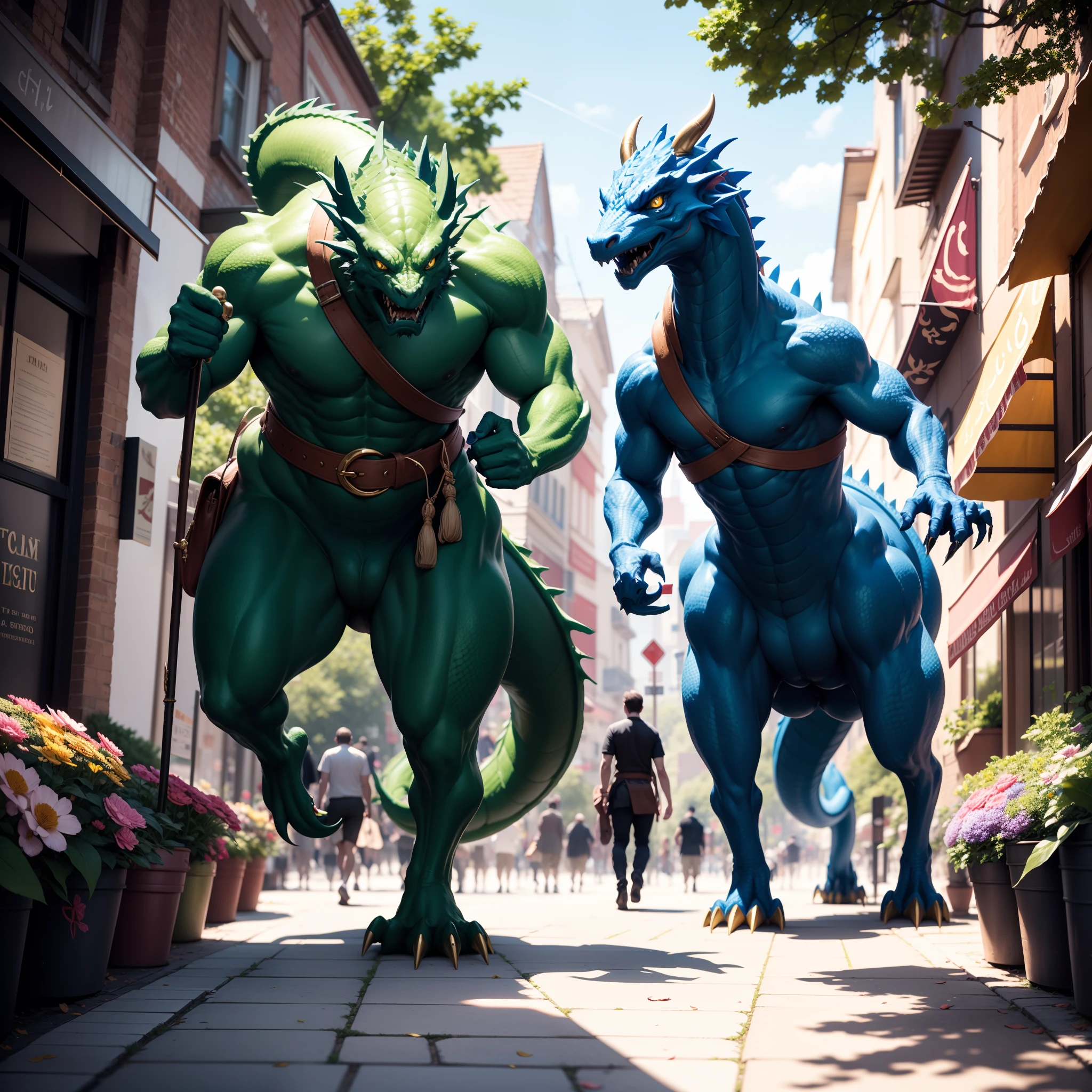 Majestic Green Dragon, its scales, shimmering in the sun, Walk along a busy street, along which there are towering buildings. Decorated with a delicate pink flower, sitting on his head, He wears a regal blue vest, Decorated with intricate gold trim, and a bright yellow belt around the waist. With brown messenger bag, slung over the back, and a wooden cane in one claw, The dragon exudes an atmosphere of wisdom and sophistication. The scene was shot by a professional camera model, emphasizing the intricate details of the dragon and the bright colors of the surrounding street, filled with trees, Flowers, and the hustle and bustle of everyday life.