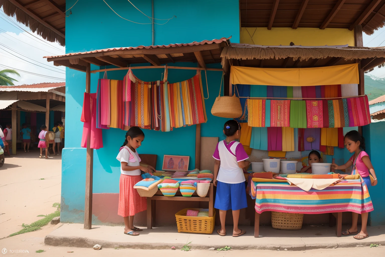 Year: 2022
Country: Honduras
Description: Against the backdrop of a vibrant Honduran market, a group of children and tens proudly display their handcrafted goods. Each stall is adorned with colorful fabrics and unique items, adding to the lively atmosphere.