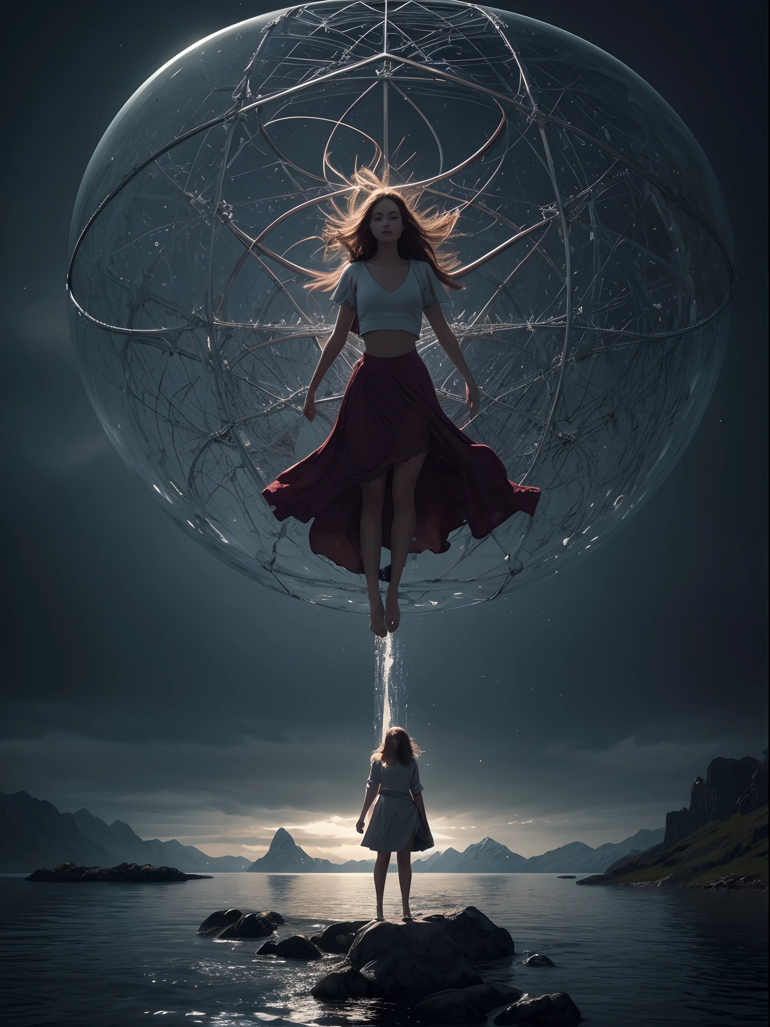 Beautiful 25-year-old girl levitating on water, ella esta ubicada en el centro, levitating over the water of a lake with mountains in the background,spheres with fractal designs around, cyberpunk, Fractal design in the background, FUTURISTA, golden ratio, 3D tessellation of metal structures, neuronal graph, neuronas, Color, amor, passion, oil on canvas, pinceladas gruesas, Stunningly Detailed, 8k, obra maestra, Artstation, surrealista, obra maestra, realista, realismo, fotorrealismo, alto contraste, photorealistic digital art trending on artstation 8k hd high definition detailed realistic, detallado, textura de la piel, hiper detallado, textura realista de la piel, armadura, mejor calidad, ultra-high-resolution, , high resolusion, detallado, foto sin procesar, nikon d850 film stock photograph 4 kodak portra 400 camera f1.6 Lens rich colors hyper realistic texture dramatic lighting UnrealEngine trend in Artstation Cinestill 800,