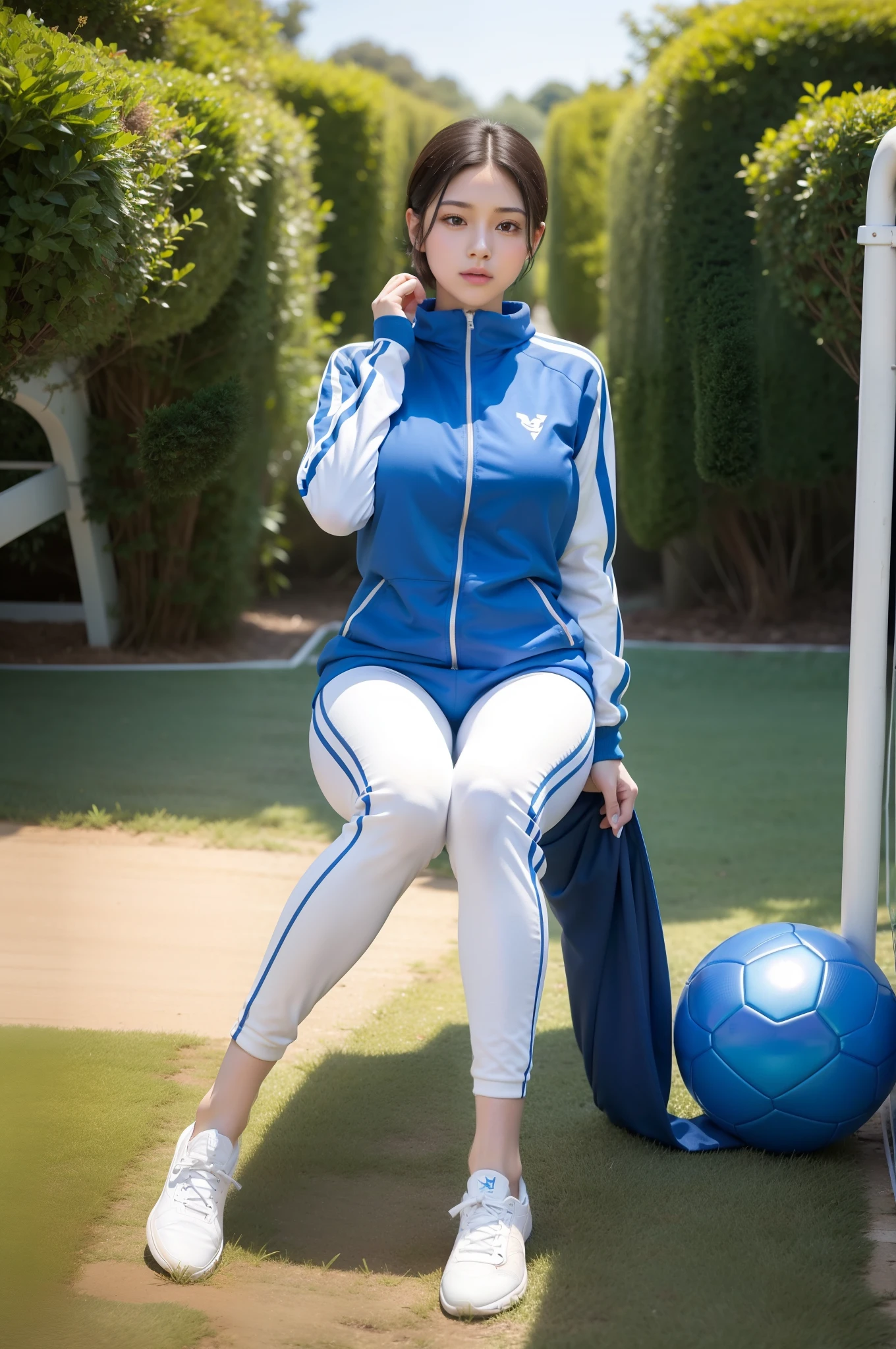 1 very beautiful and beautiful high school student,Wear blue and white tracksuits,Play with the ball on the grass of the football field,(On the grass:1.02),Super high value,perfect body figure,Beautiful short hair,Delicate hair,Fair face and skin,Beads of sweat on the forehead,Have fun on the playground,(((The chest is huge))),Breasts are full and straight:1.5,(The tracksuit on the chest is high and bulging, Tightness and bulging:1.5),Delicate fair and soft toes,White and delicate fingers,(Delicate sneakers:1.5),Focus on the chest,fully body photo