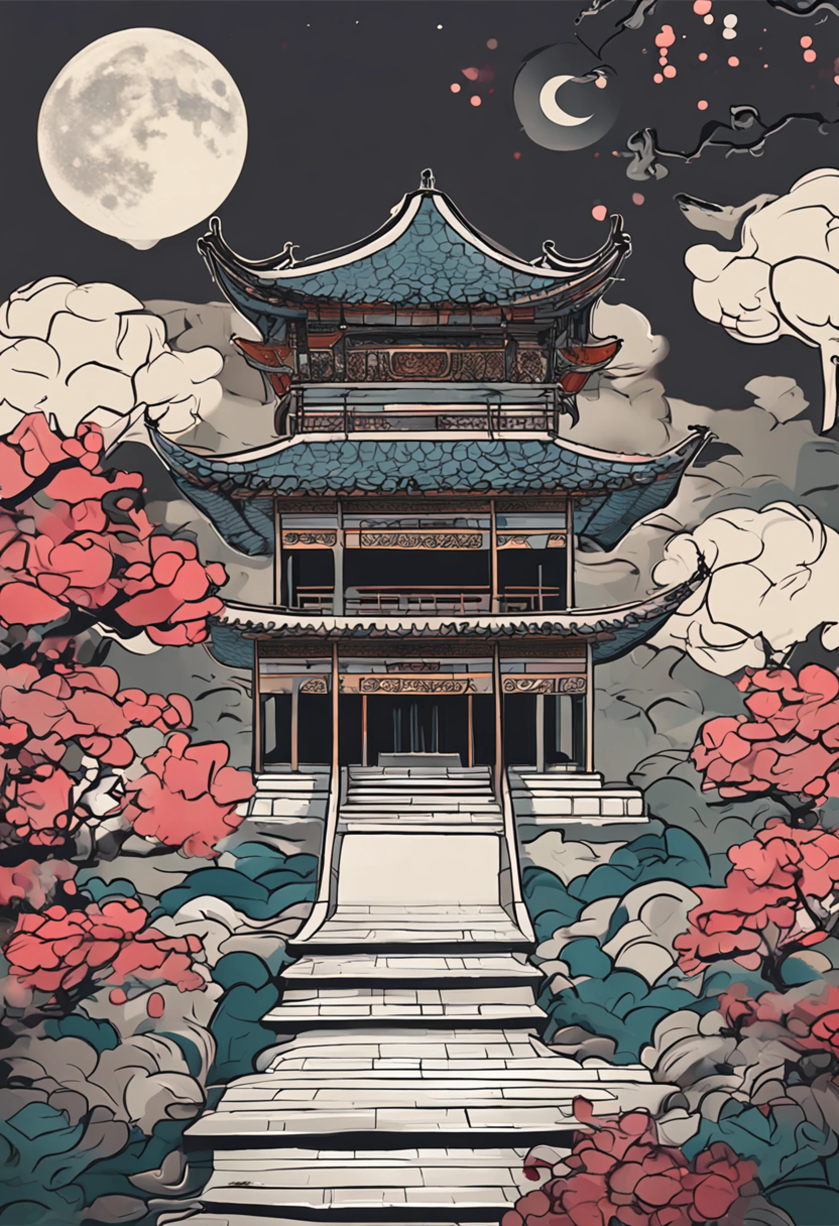 the night ,themoon ,game scenes,Ancient Chinese palaces are located above the clouds,surrounded by cloud,Homem-Imponente,glazed tiles,BUDDHA STATUE,Lanterns,gorgeous color,In the foreground are long stone steps and arches((Color ink)),( (Splash ink ) ), ((Splash ink) ink})), tmasterpiece,high qulity,Beautiful graphics,high detal