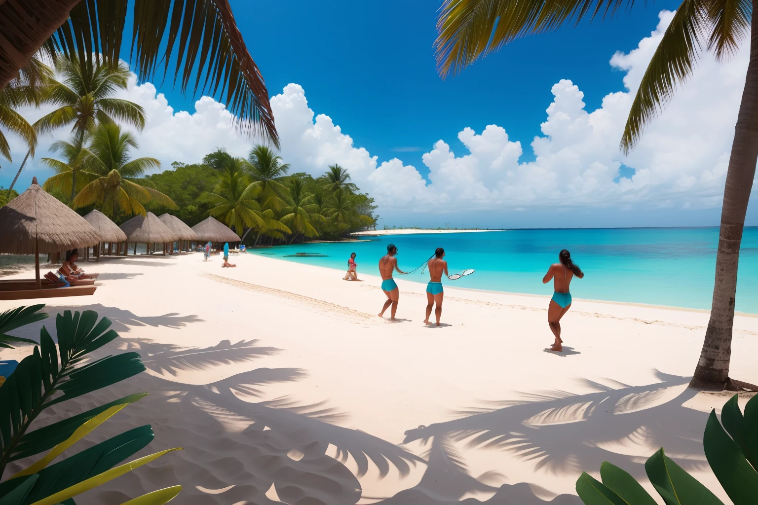 Year: 2020
Country: Honduras
Description: In the coastal town of Roatán, adults in chic resort wear engage in a game of beach volleyball on the powdery white sands. The turquoise waters and clear blue skies enhance the picturesque scene as they compete with enthusiasm.