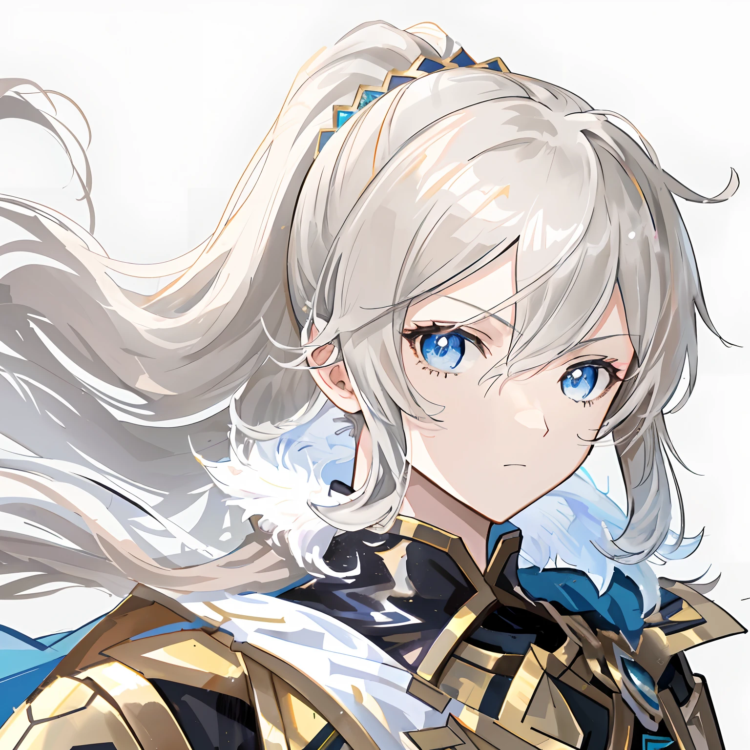 animemanga girl,Human Knight,Human General,grey long hair,With a ponytail,Bangs refer to this picture,Black armor,Golden cape,golden shoulder pads,blue color eyes,look to the front,A reference to this image by the face,The expression of the character is the same as this picture,with a determined look in his eyes,Looks confident and sunny,The character was inspired by this image,Character actions refer to this image,blue backdrop