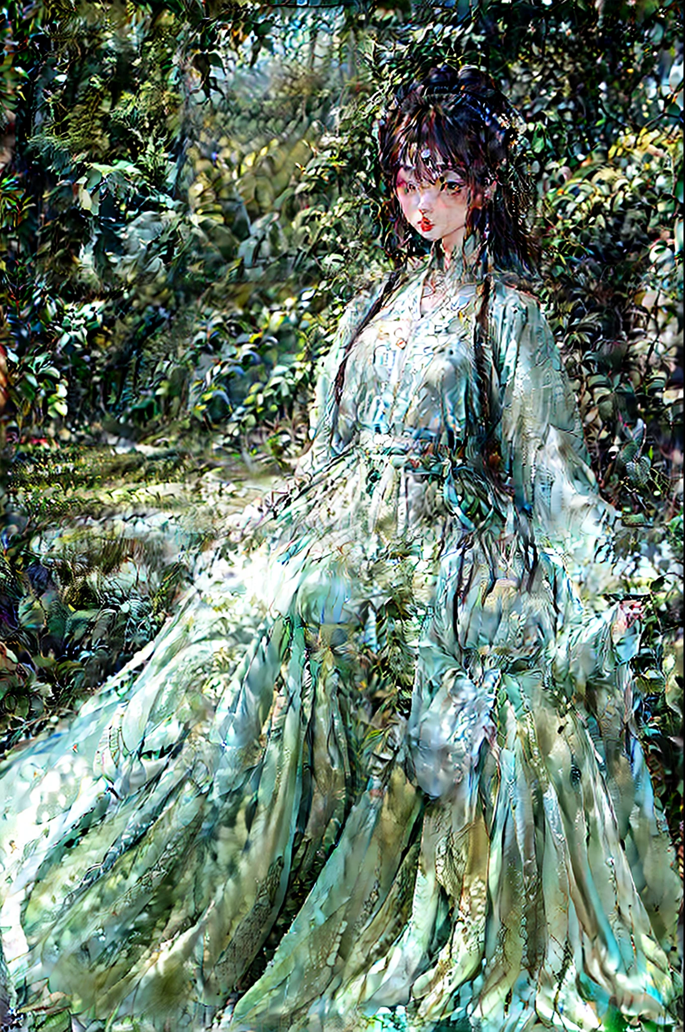 Human head snake body,Below the waist is the snake,delicated face,Beautuful Women,largeeyes,Danfeng Eyes,Full body photo,China-style,Long white hair fluttering,blue green,The background is in the sea,Surrounded by a variety of marine life